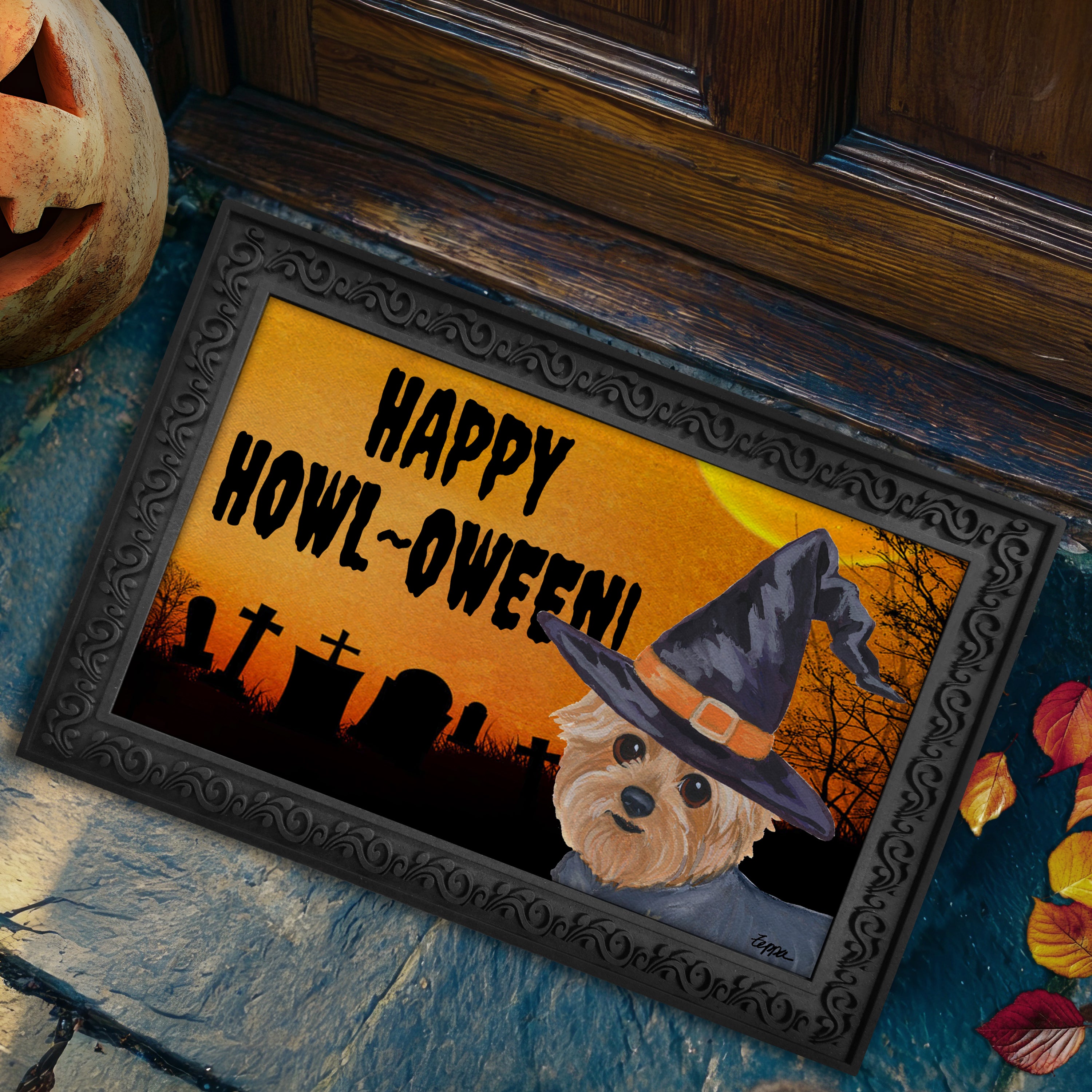 Halloween-themed doormat with a Yorkshire Terrier wearing a witch hat and 'Happy Howl-Oween!' text.