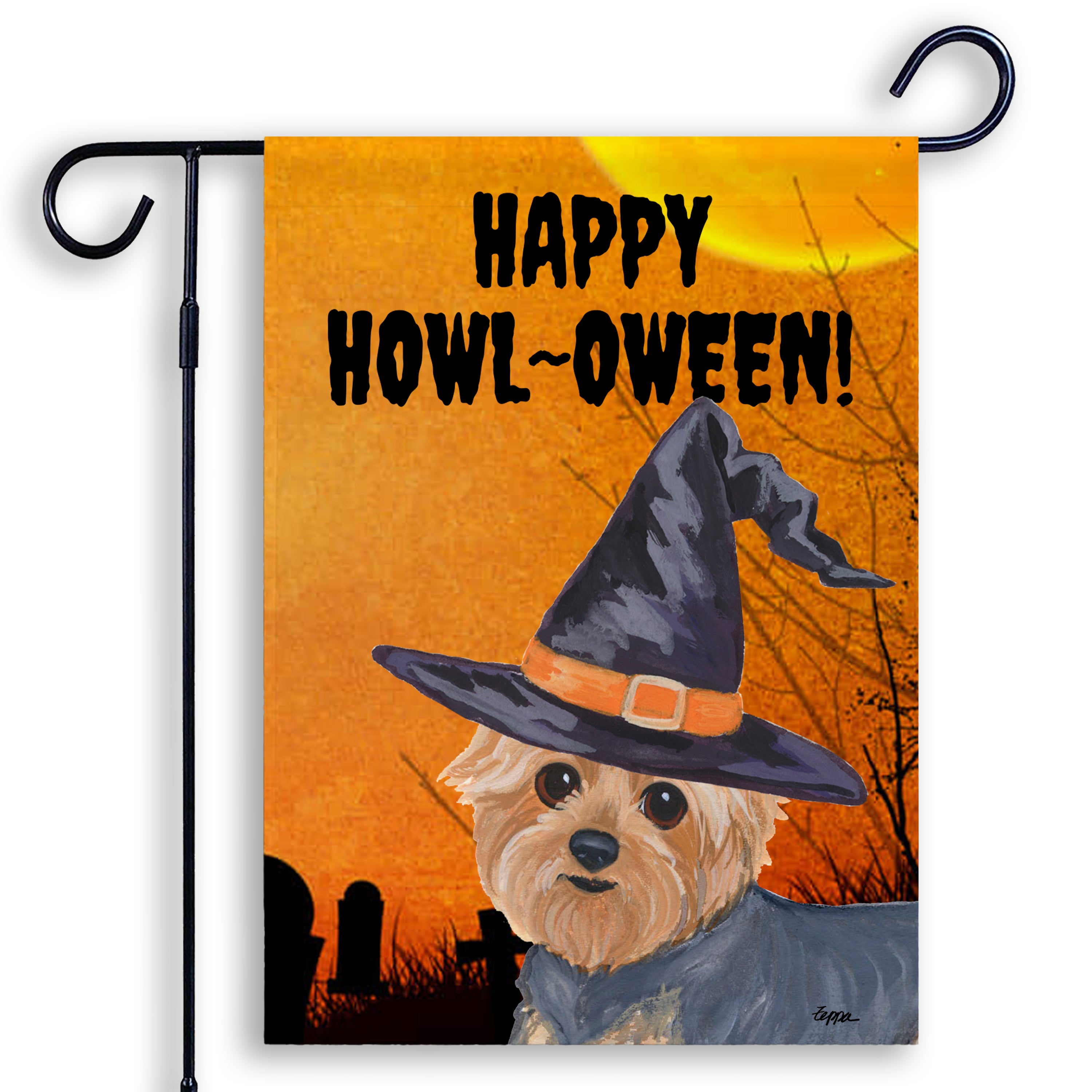 Halloween-themed garden flag with a Yorkshire Terrier wearing a witch hat and 'Happy Howl-Oween!' text on an orange background.