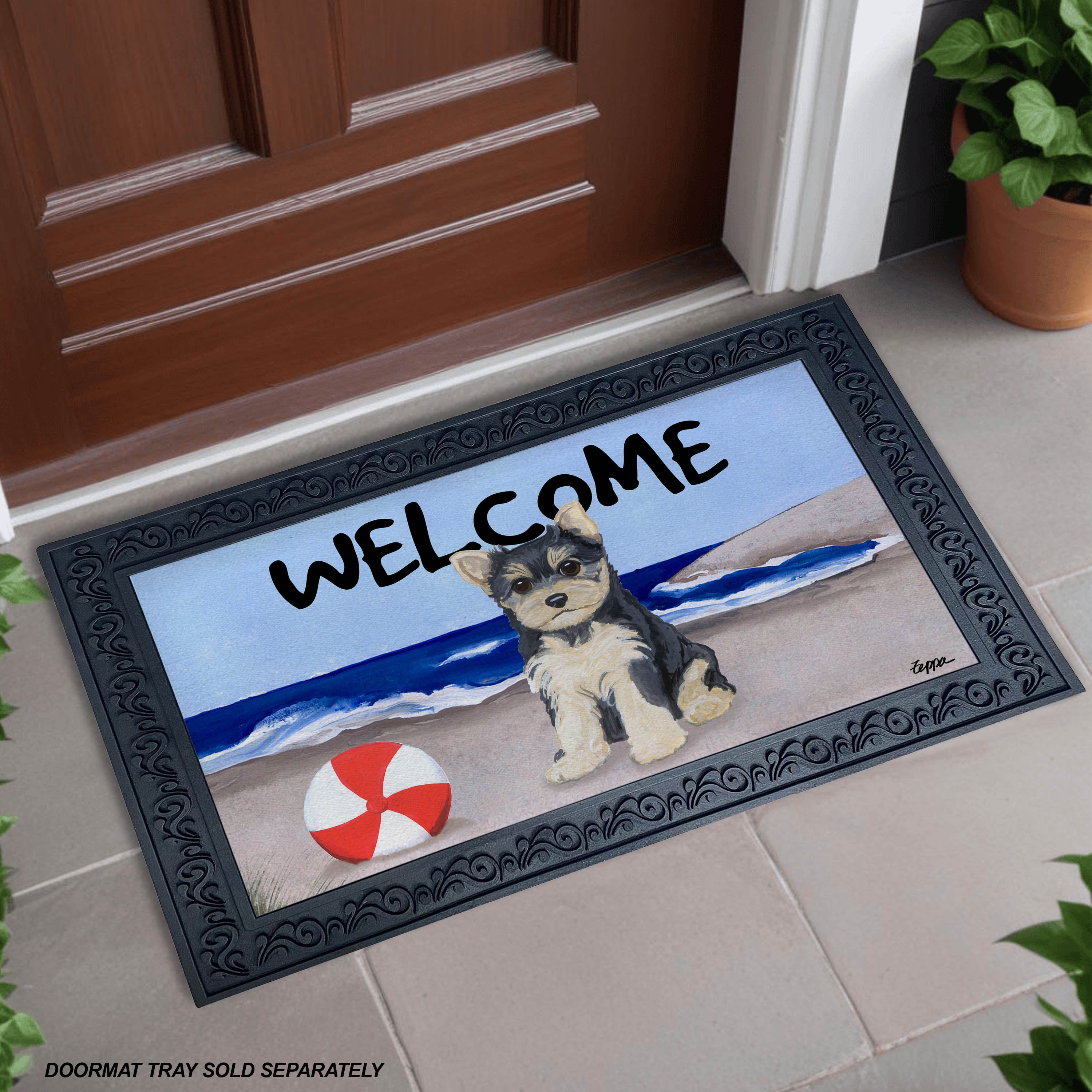 Yorkshire Terrier Puppy Beach Scene Welcome Mat