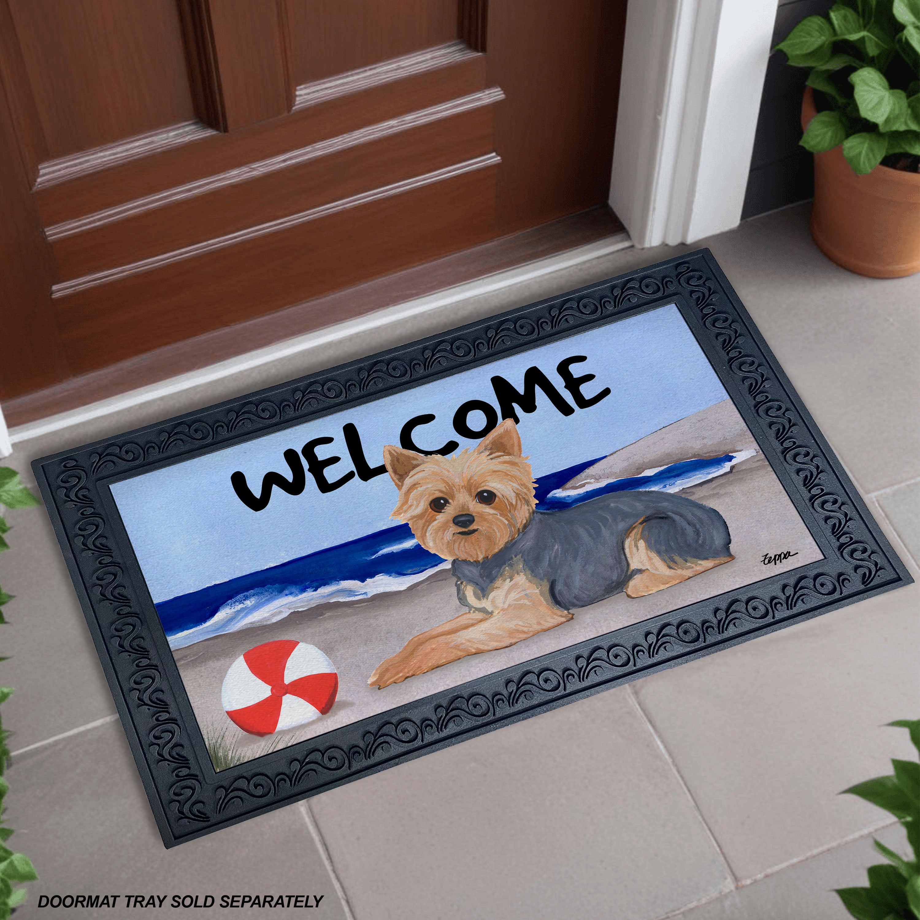 Yorkshire Terrier Puppy Clip Beach Scene Welcome Mat