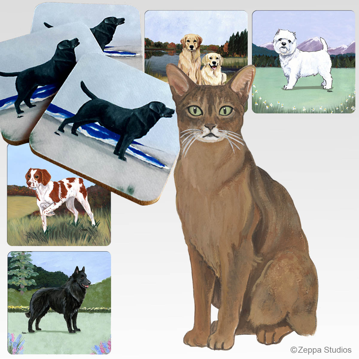 Abyssinian Cat Coasters - Beach Yard, Field, Mountain and Lake background designs available