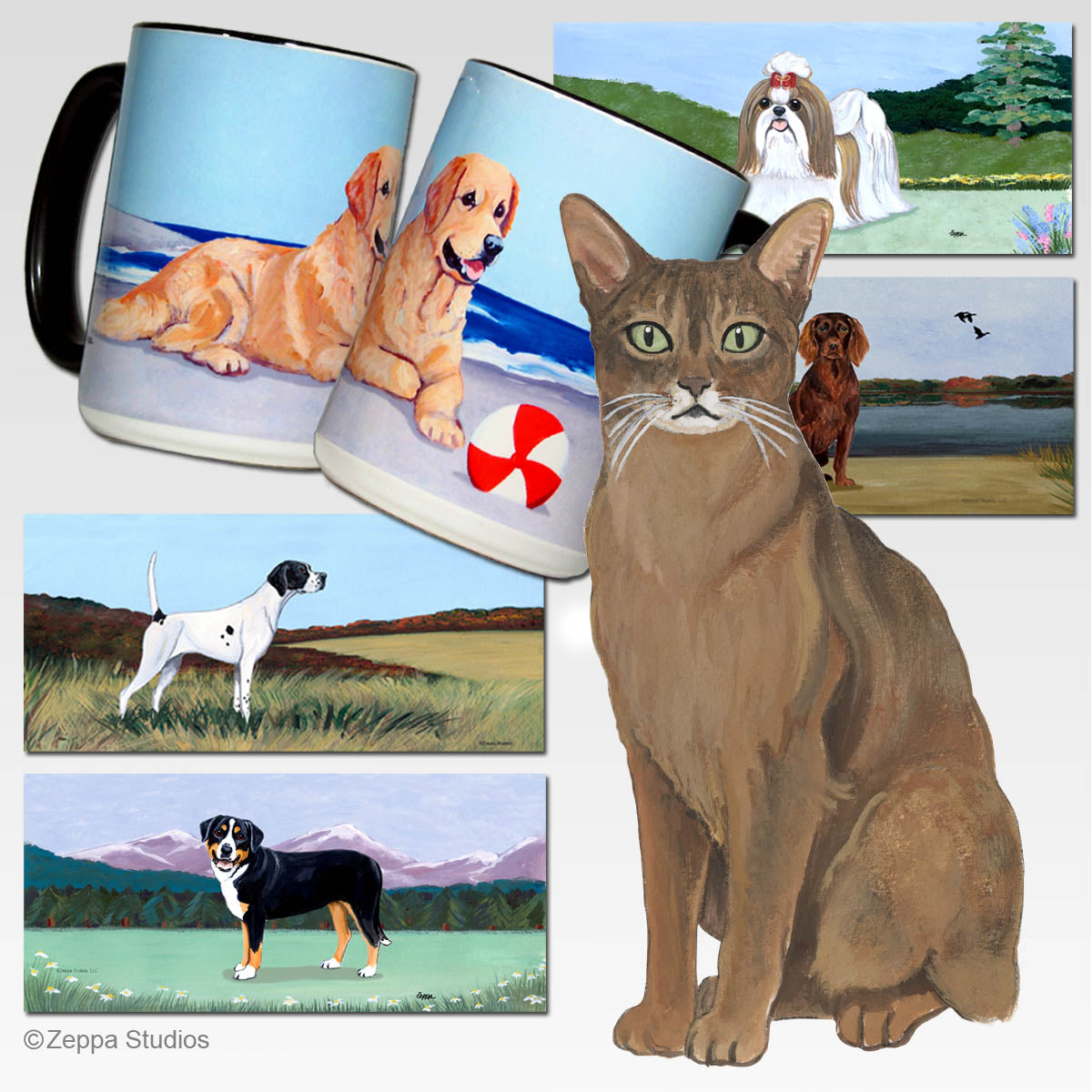 Abyssinian Cat Mug on your choice of 5 scenic backgrounds.