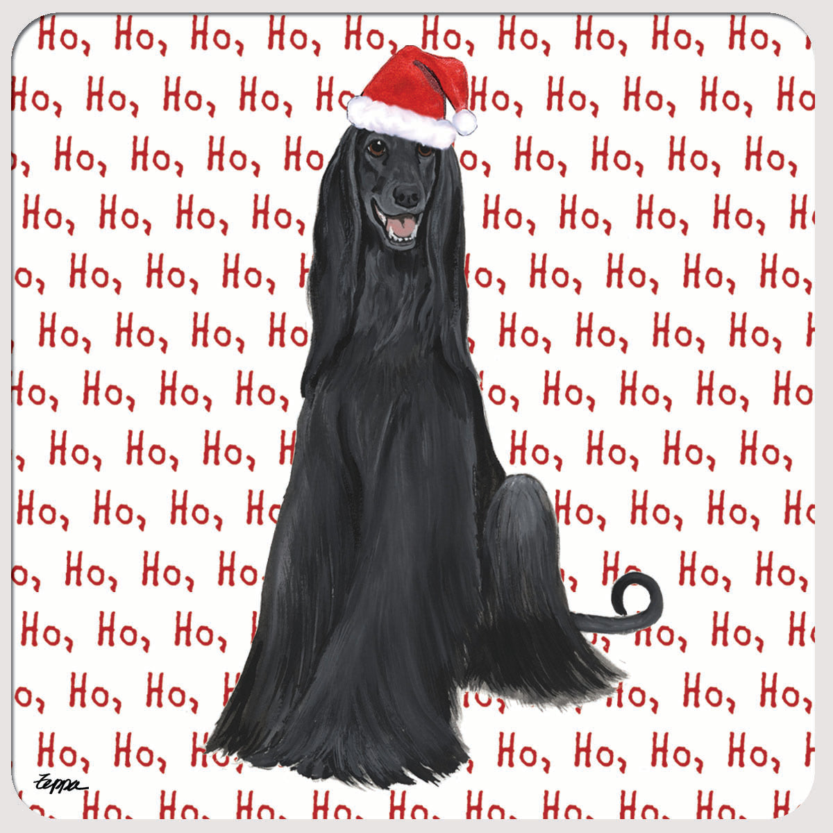 Afghan Hound wearing a Santa hat with 'Ho Ho Ho' text on a white beverage coaster.