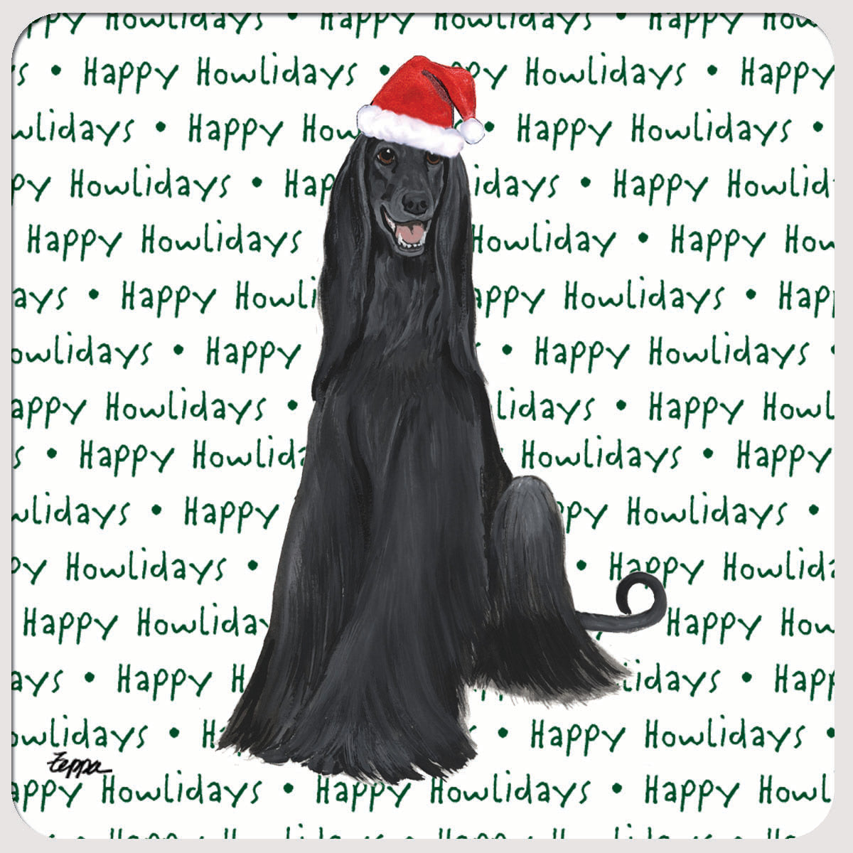 Afghan Hound wearing a Santa hat with 'Happy Howlidays' text on a white beverage coaster.
