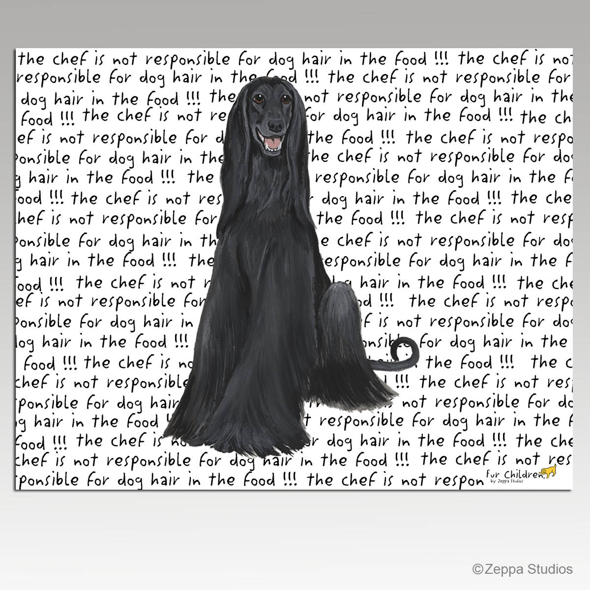 Afghan Hound Glass Cutting Board with Chef is Not Responsible for Dog Hair in the Food text.