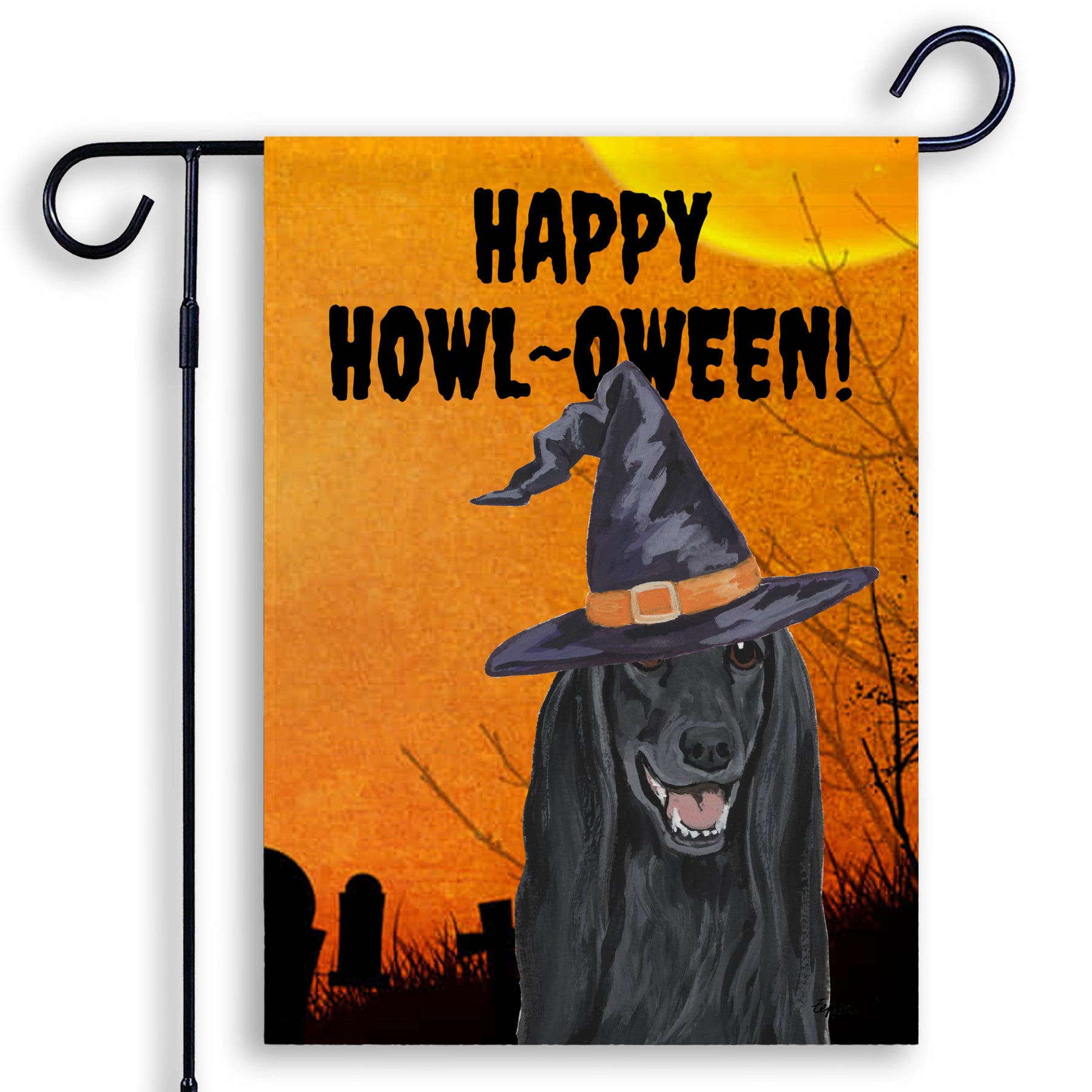 Halloween-themed garden flag with a black Afghan Hound wearing a witch hat and 'Happy Howl-Oween!' text on an orange background.