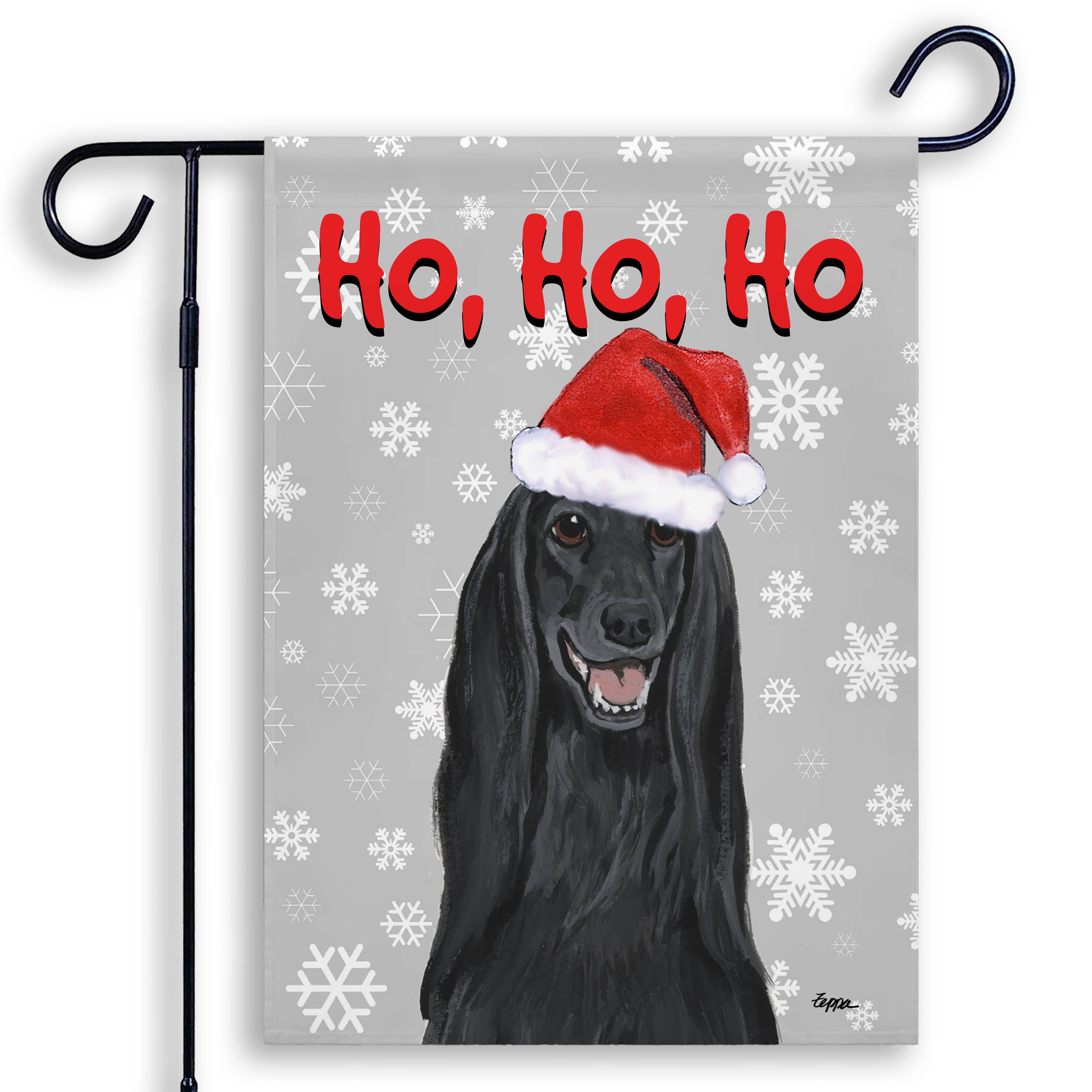 Black Afghan Hound in a Santa hat on a grey ho ho ho garden flag.