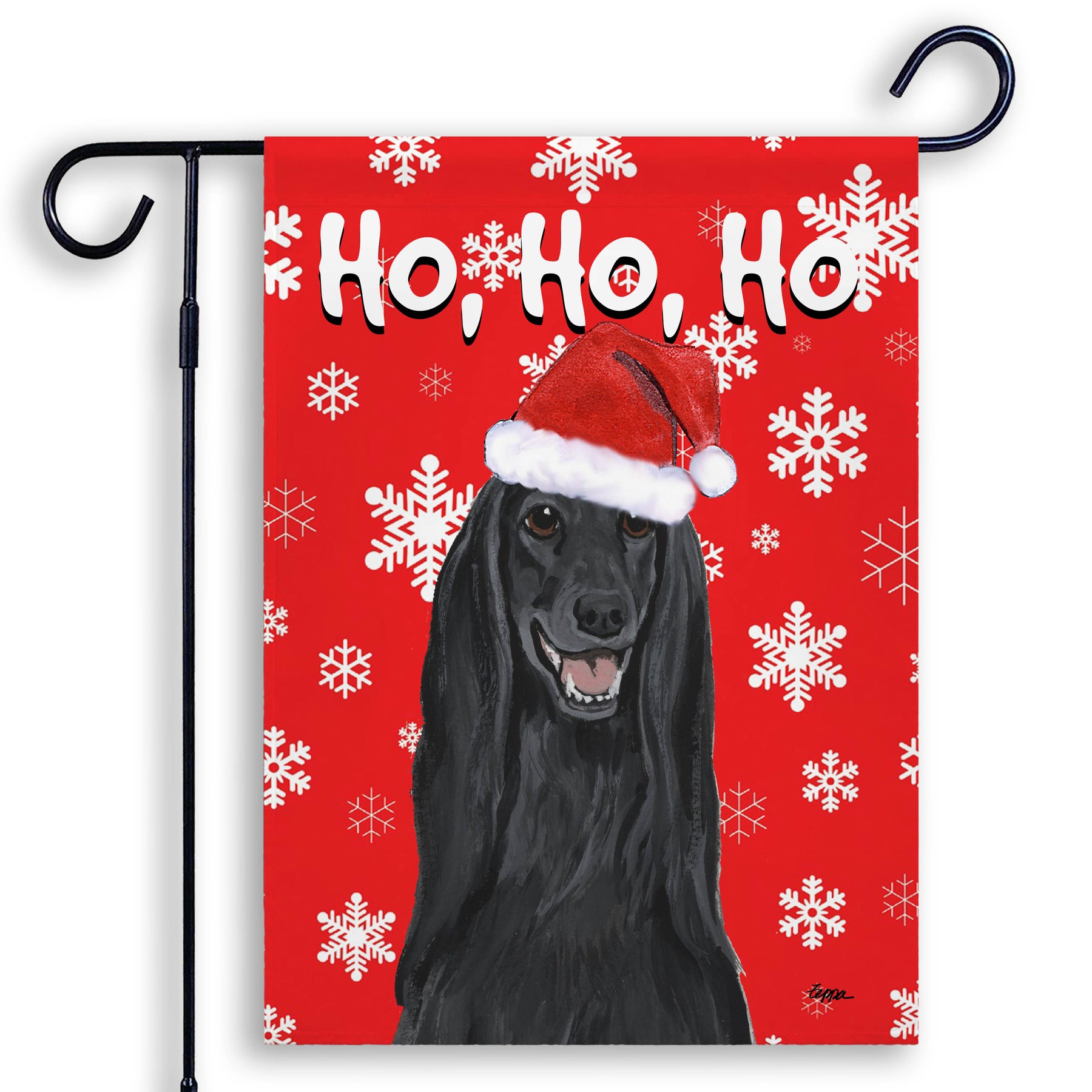 Black Afghan Hound in a Santa hat on a red ho ho ho garden flag.