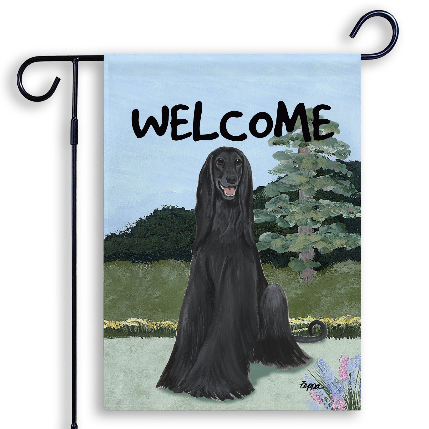 Garden flag with a black Afghan Hound and 'WELCOME' text on a landscape background