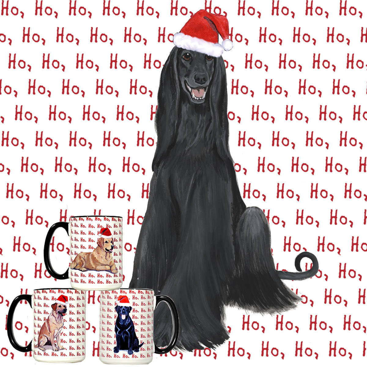 Mug with a black Afghan Hound design and 'Ho Ho Ho' text.