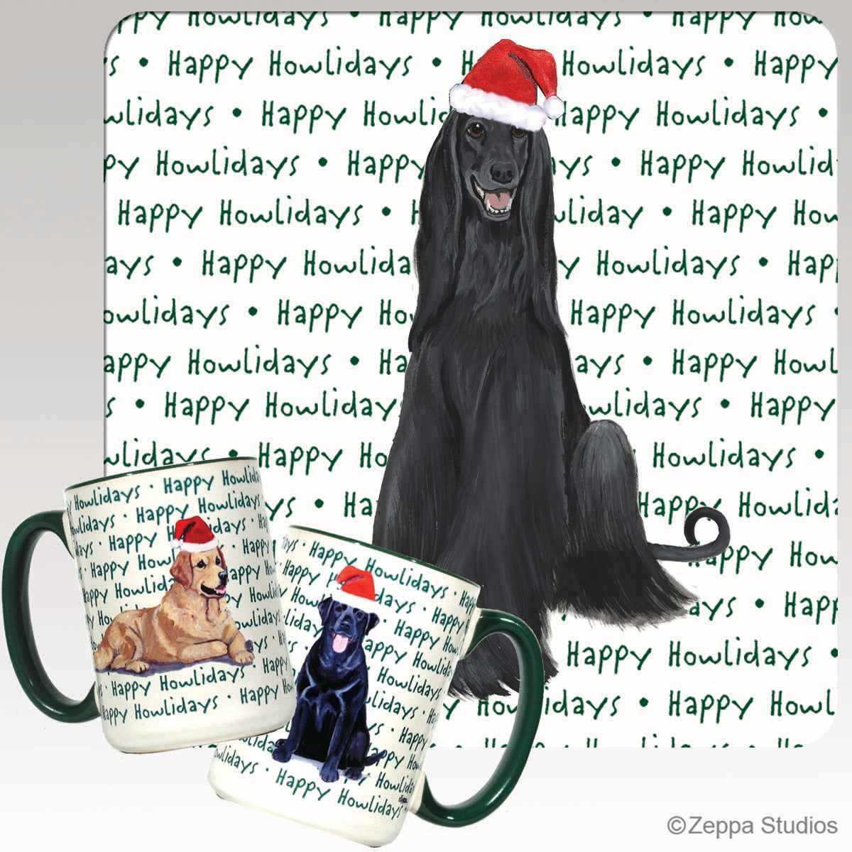 Mug with a black Afghan Hound design and 'Happy Howlidays' text.