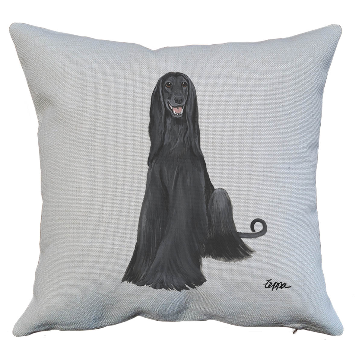 Decorative pillow with a black Afghan Hound on a linen background