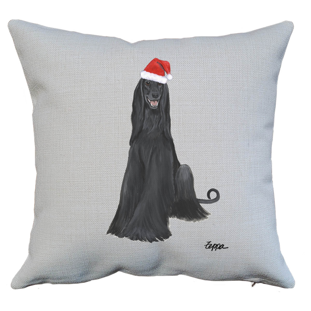 Black Afghan wearing a Santa hat design on a linen colored throw pillow