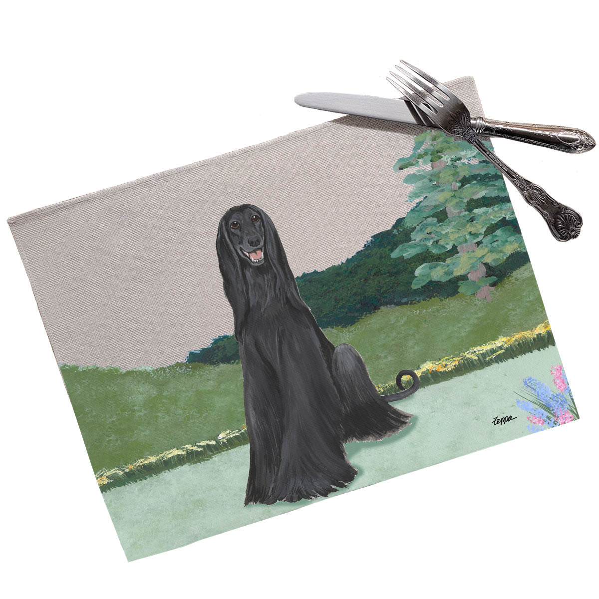 Black Afghan Hound in the yard design on a placemat.