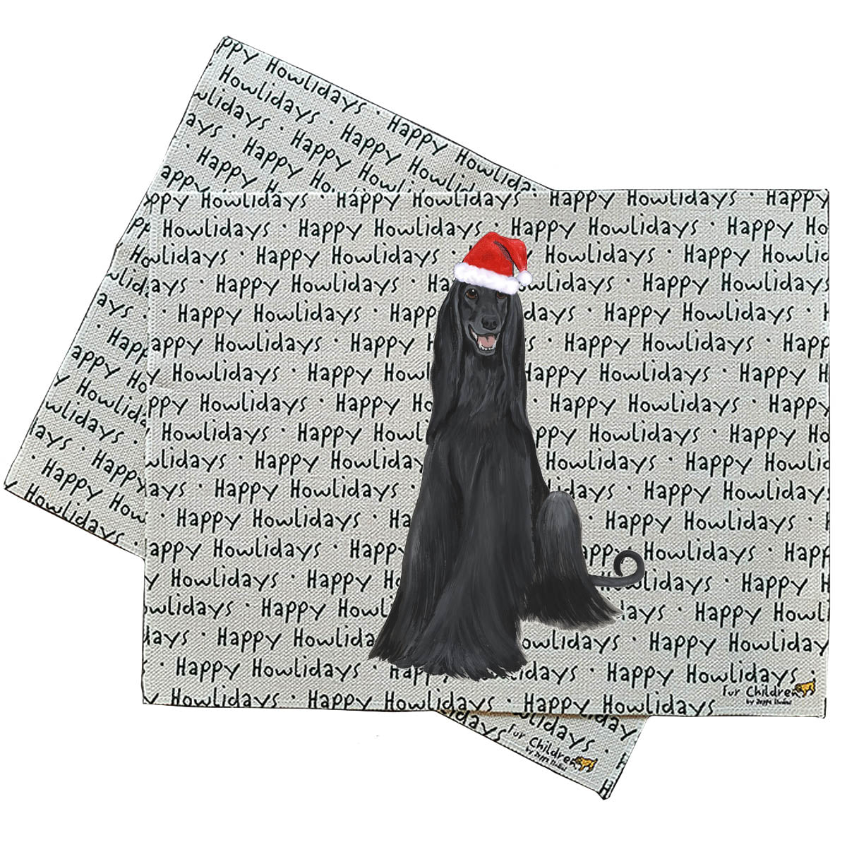 Black Afghan wearing a Santa hat on a 'Happy Howlidays' linen placemat.