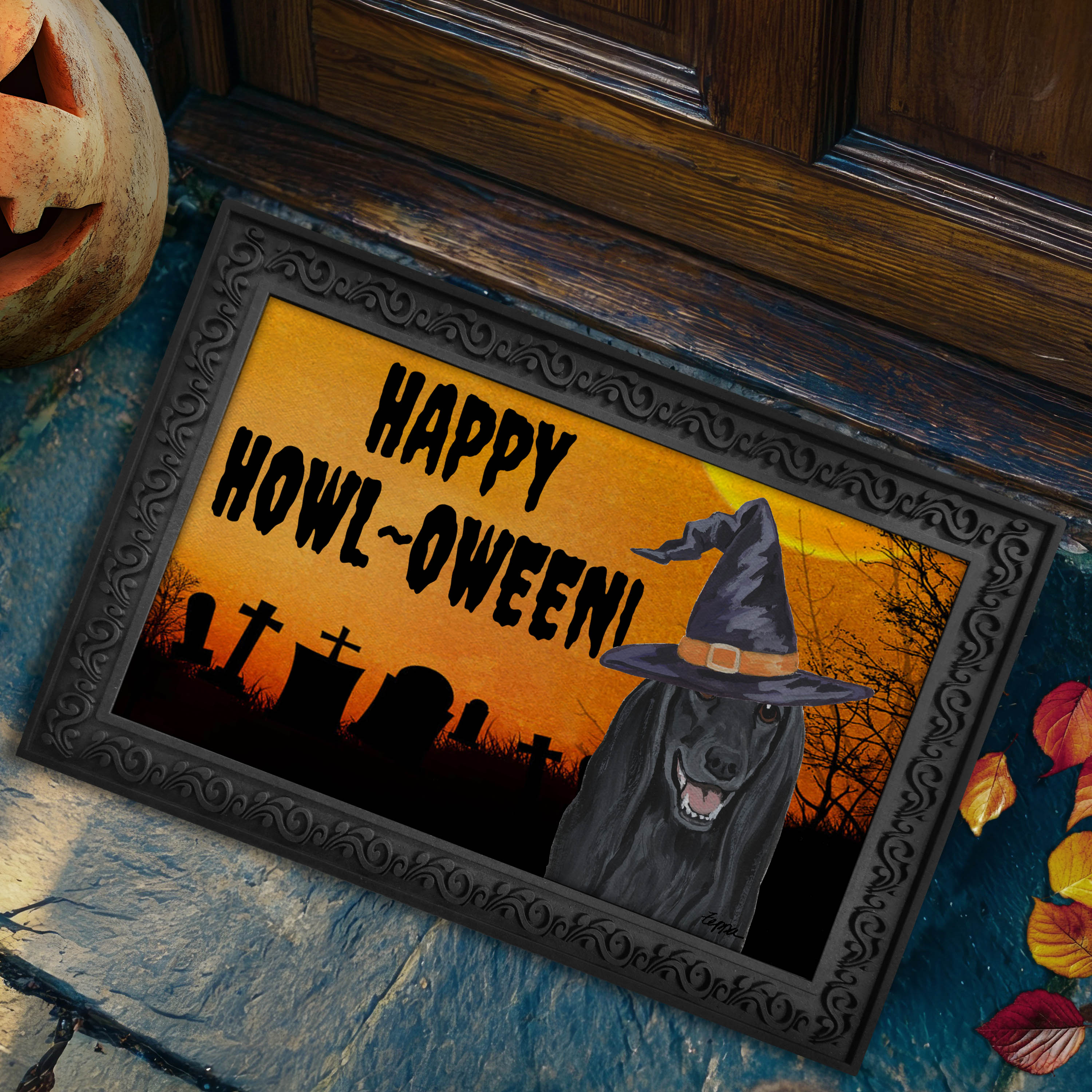 Halloween-themed doormat with a Afghan Hound wearing a witch hat and 'Happy Howl-Oween!' text on a doorstep.