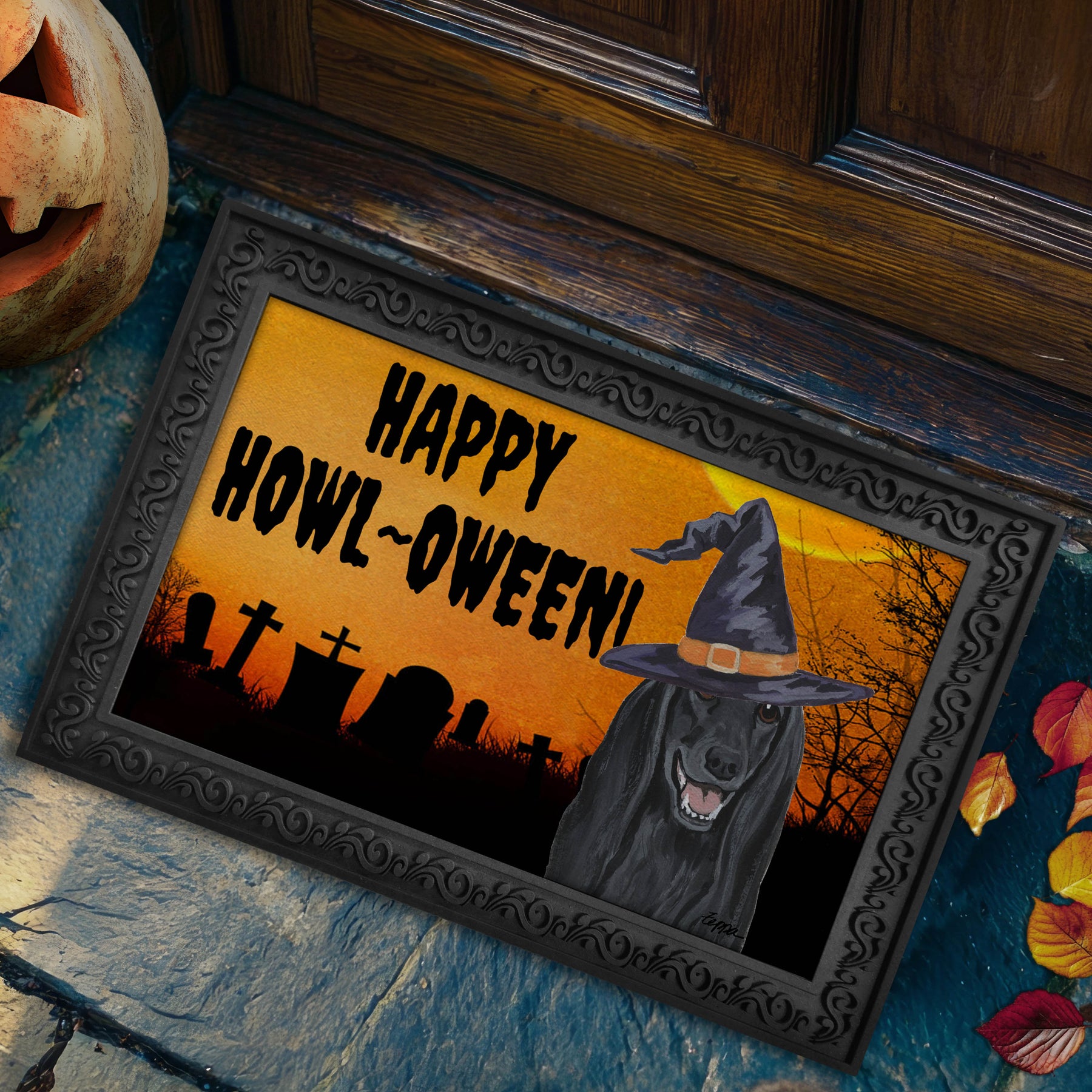 Halloween-themed doormat with a Afghan Hound wearing a witch hat and 'Happy Howl-Oween!' text on a doorstep.