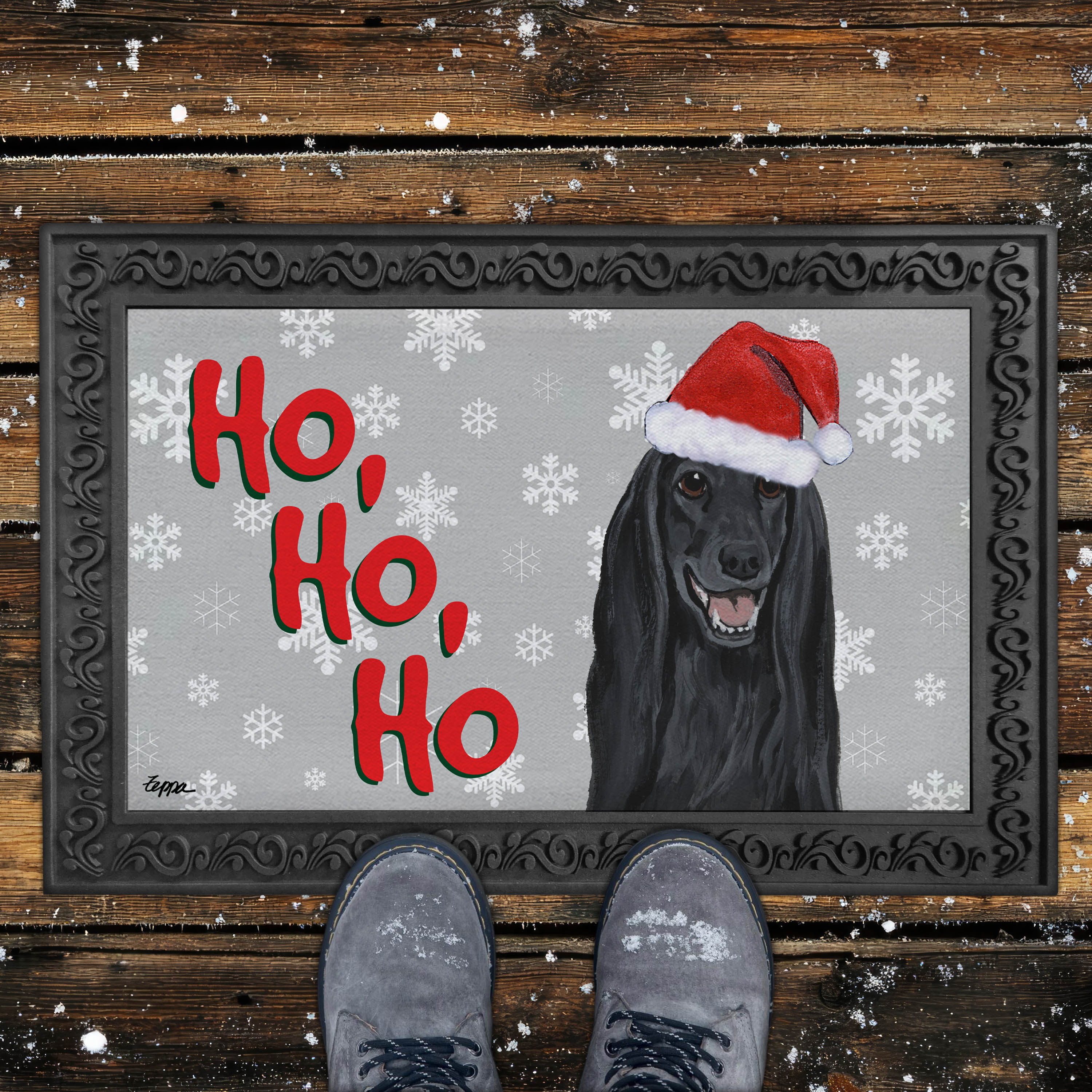 Black Afghan Hound Ho Ho Ho Door Mat in Grey