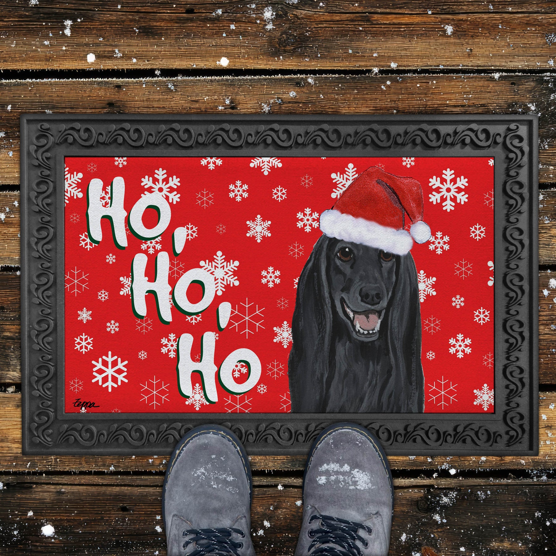 Black Afghan Hound Ho Ho Ho Door Mat in Red