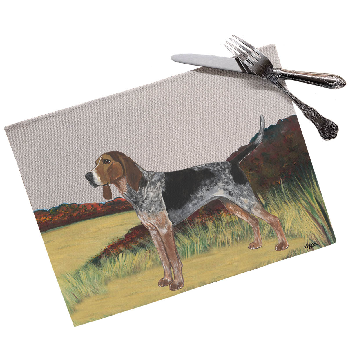 Linen placemat with an American English Coonhound in the field.