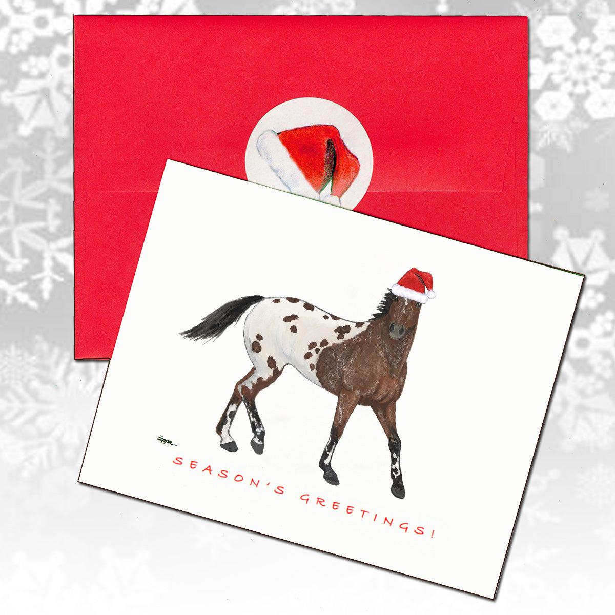 Christmas card with an Appaloosa horse wearing a Santa hat and red envelope.