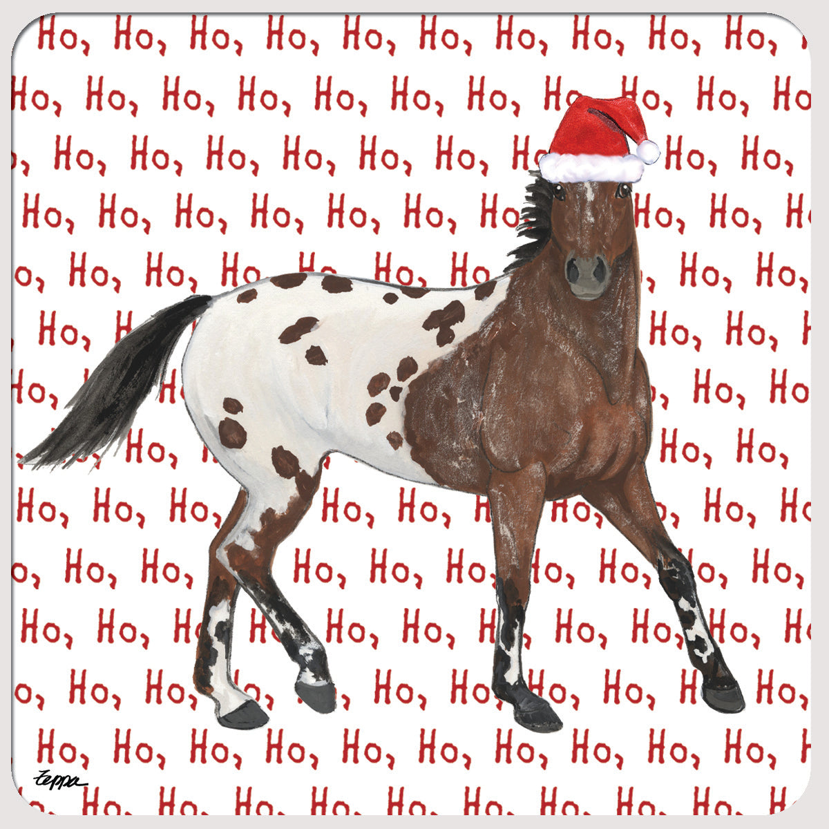 Appaloosa in a Santa Hat on a 'Ho Ho Ho' repeating text background poly-rubber beverage coaster.