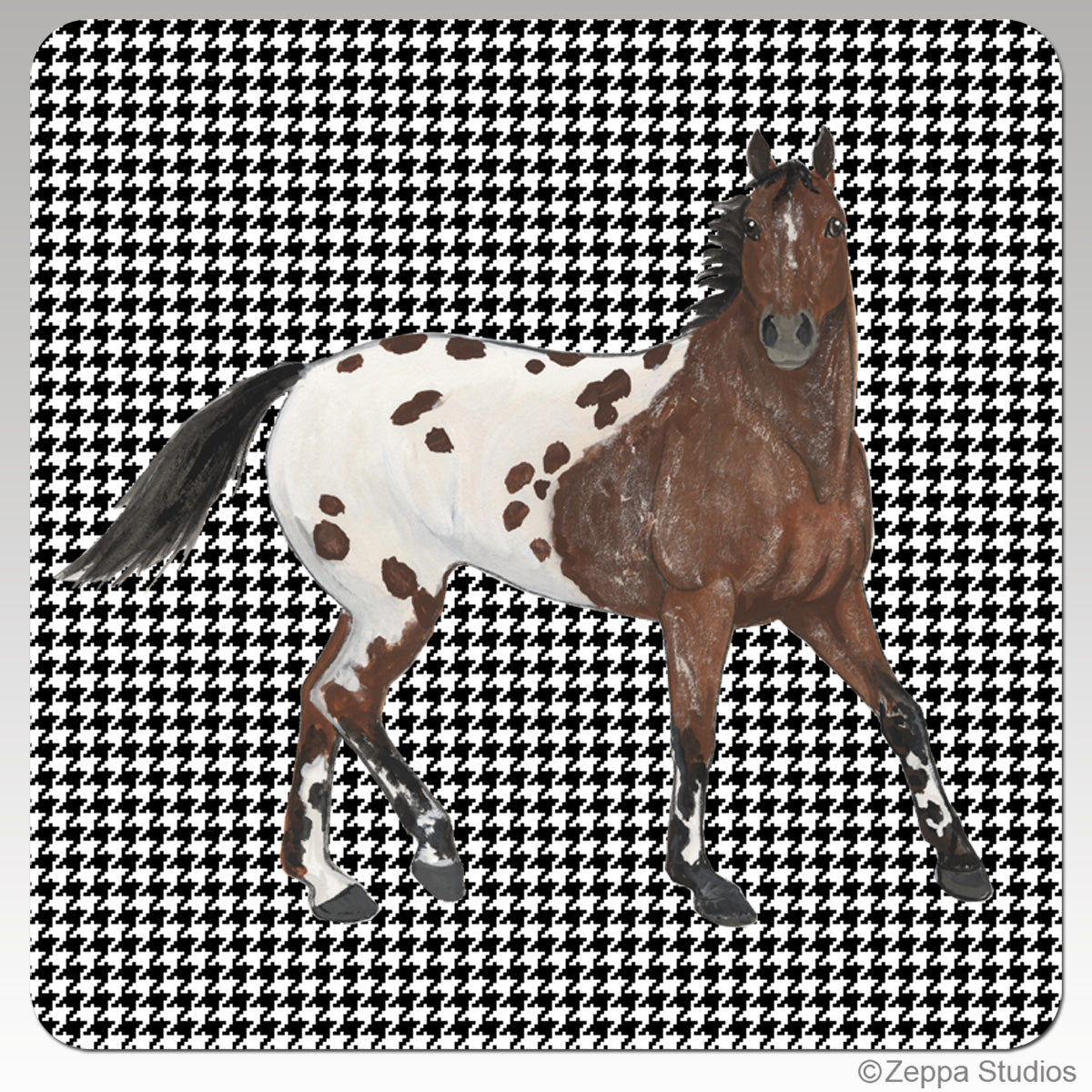 Appaloosa on a houndstooth background beverage coaster.