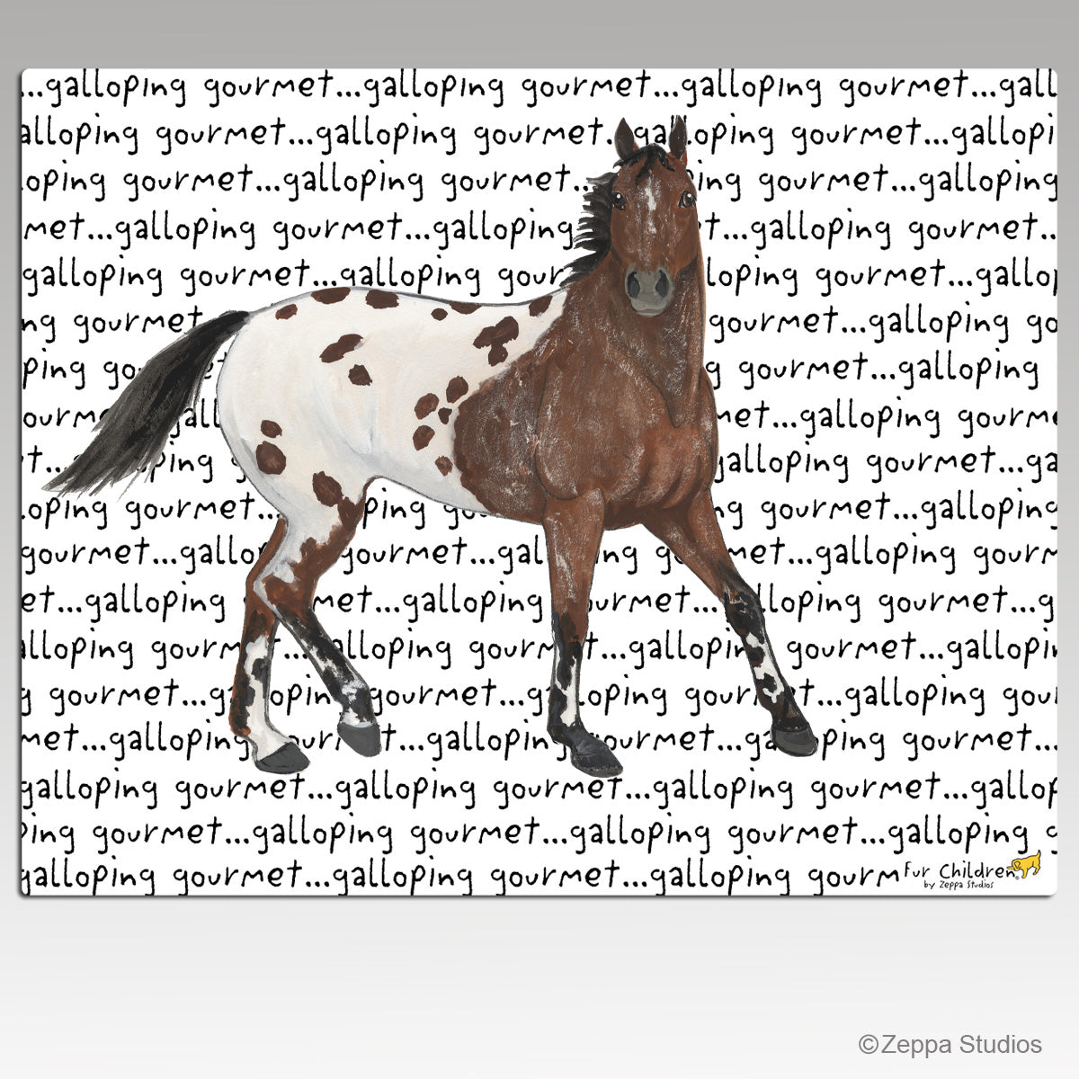 Appaloosa horse design on a repeating galloping gourmet text tempered glass cutting board.