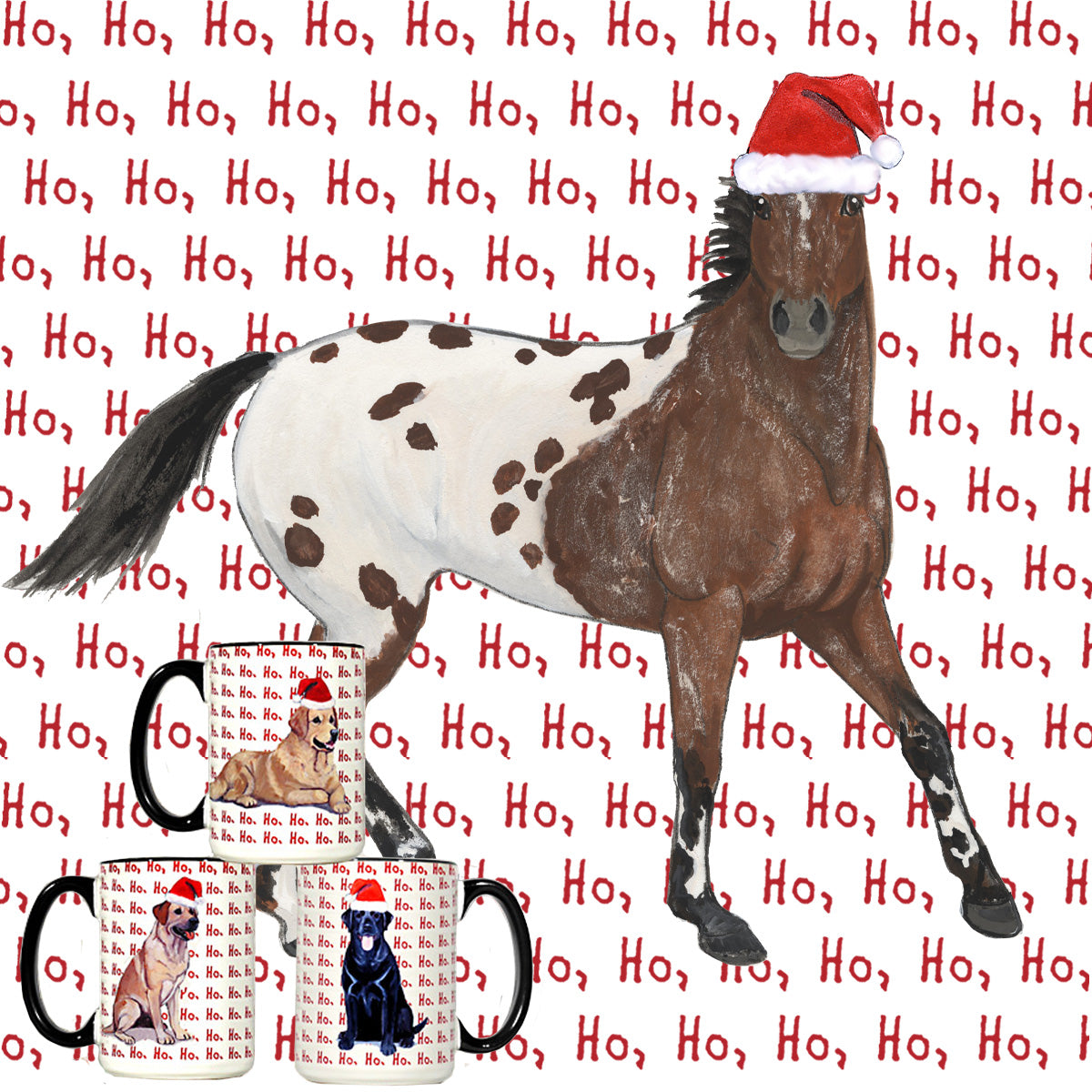 Appaloosa in a Santa Hat on a 'Ho Ho Ho' repeating text background mug.