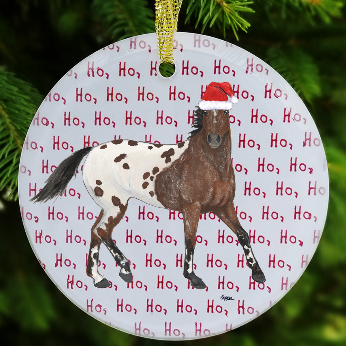 Appaloosa in a Santa Hat on a 'Ho Ho Ho' repeating text background glass ornament.