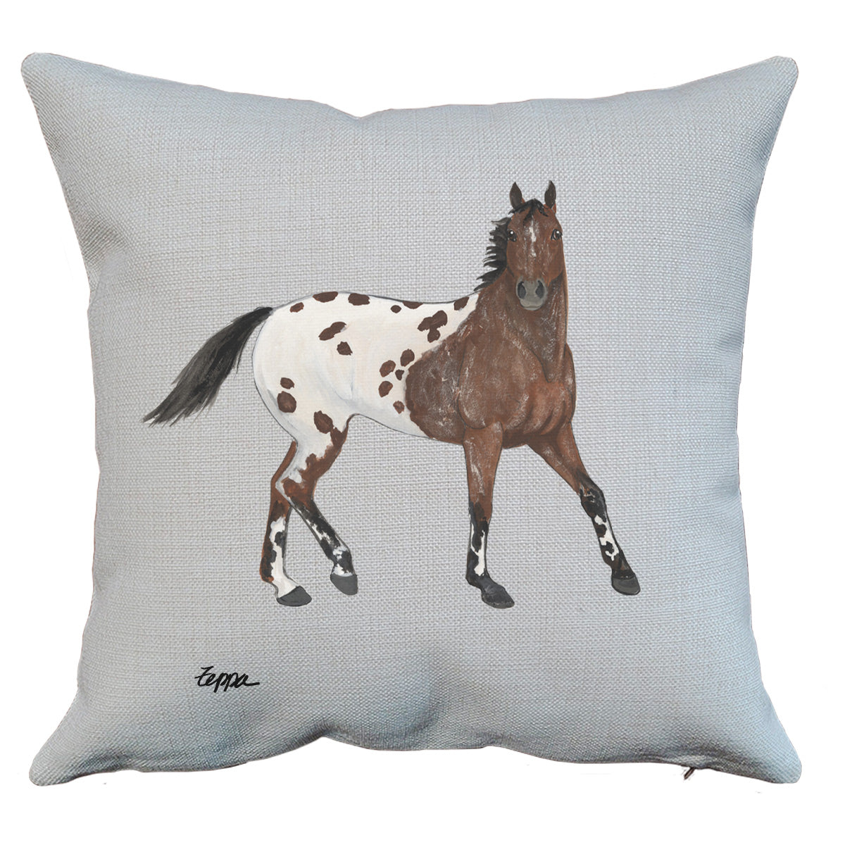 Appaloosa design on a linen throw pillow.