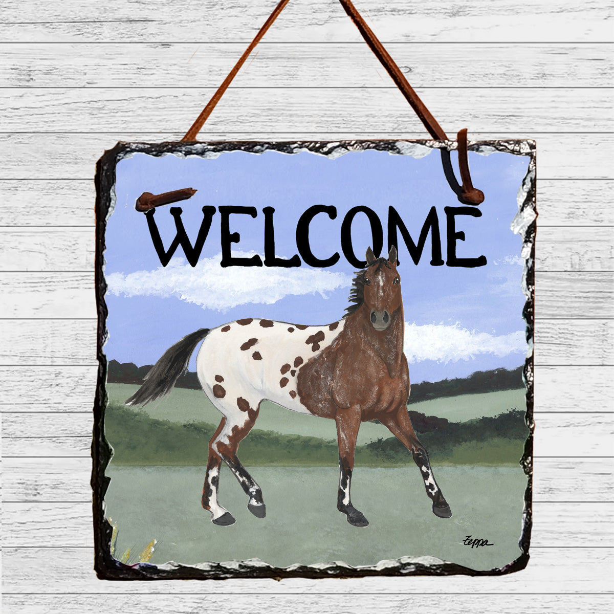 Decorative slate 'WELCOME' sign with an Appaloosa.