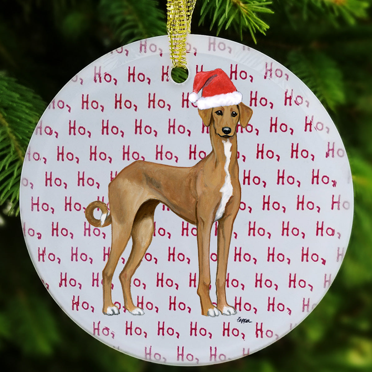 Azawakh in a Santa Hat Glass Christmas Ornament with a repeating Ho Ho Ho background