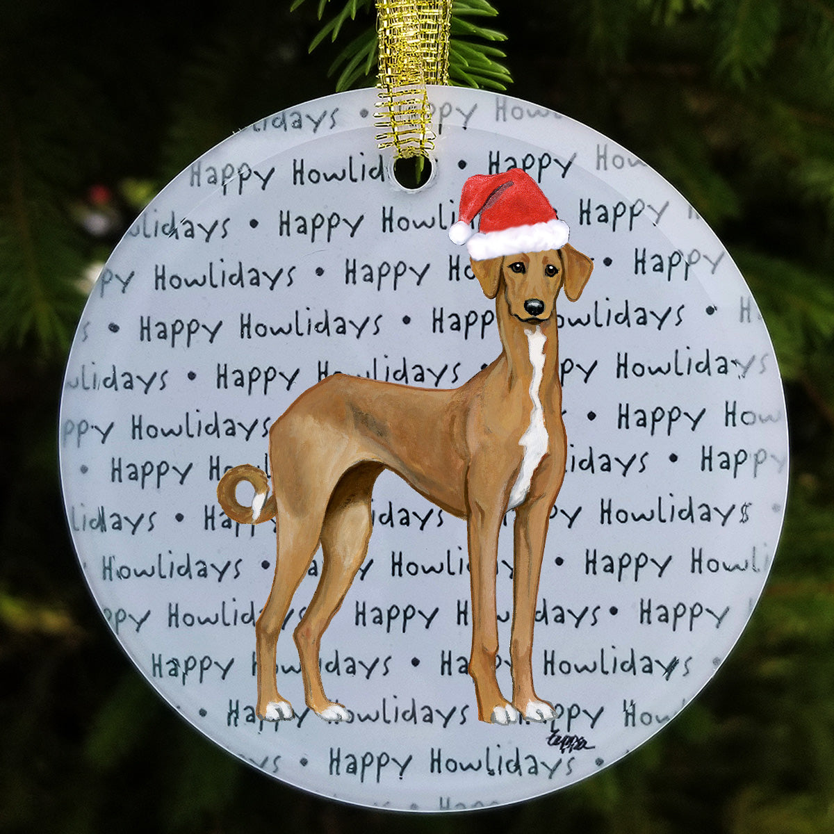 Azawakh in a Santa Hat Glass Christmas Ornament with a repeating Happy Howlidays background