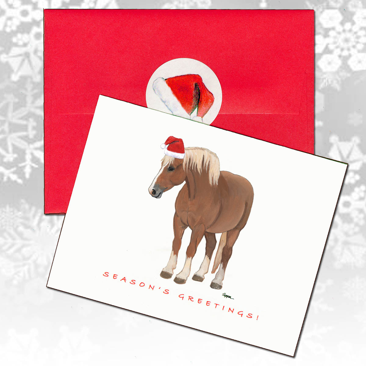 Belgian Horse Christmas card and red envelope.