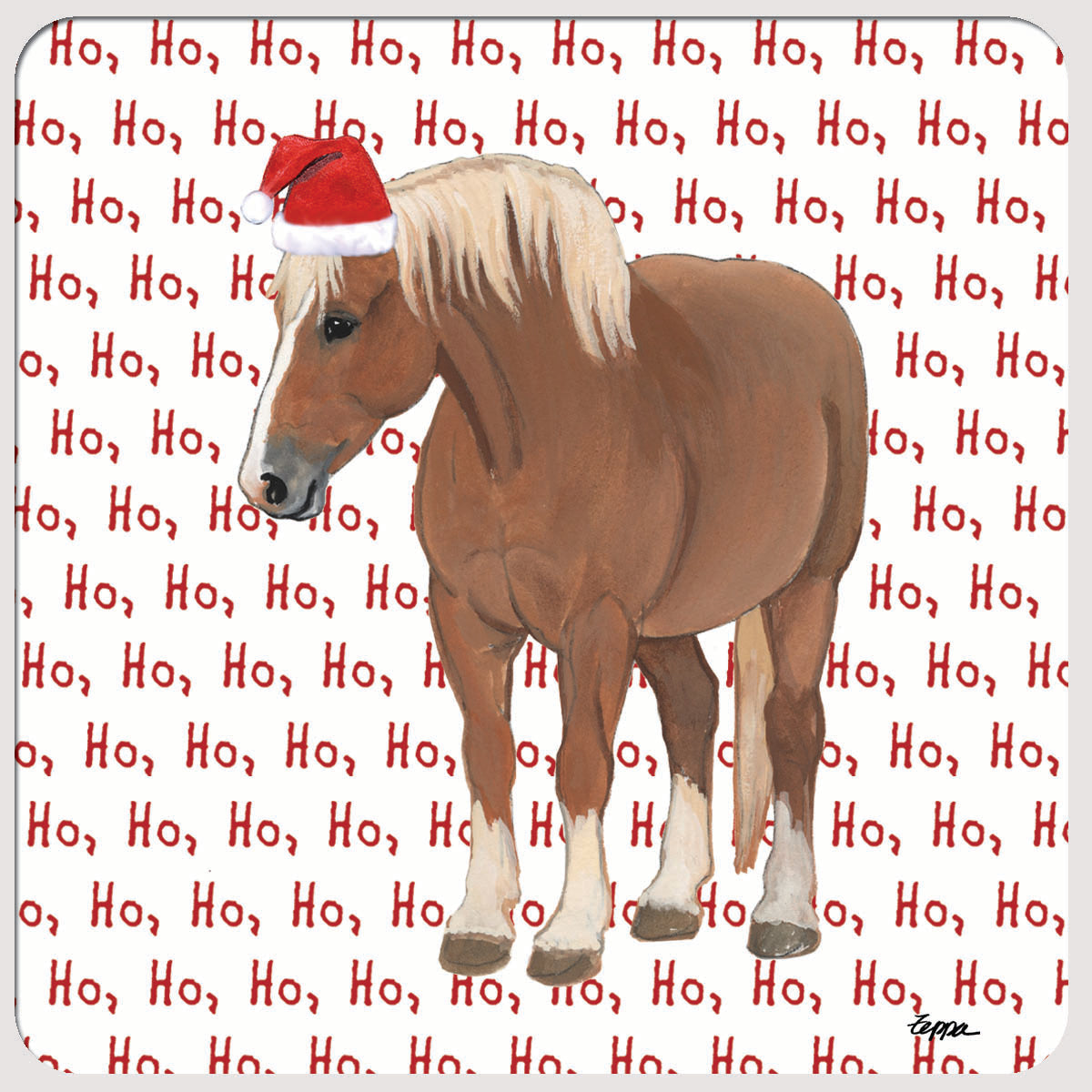 Belgian Horse in a Santa hat on ho ho ho background beverage coaster.
