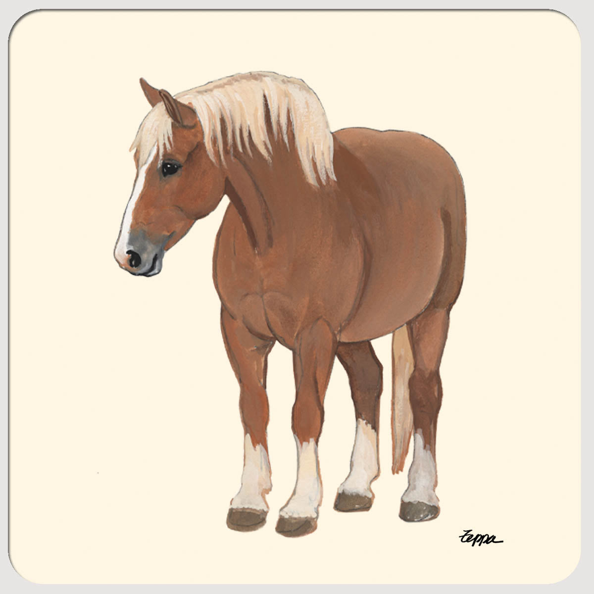 Belgian Horse design on a beige rubber beverage coaster.