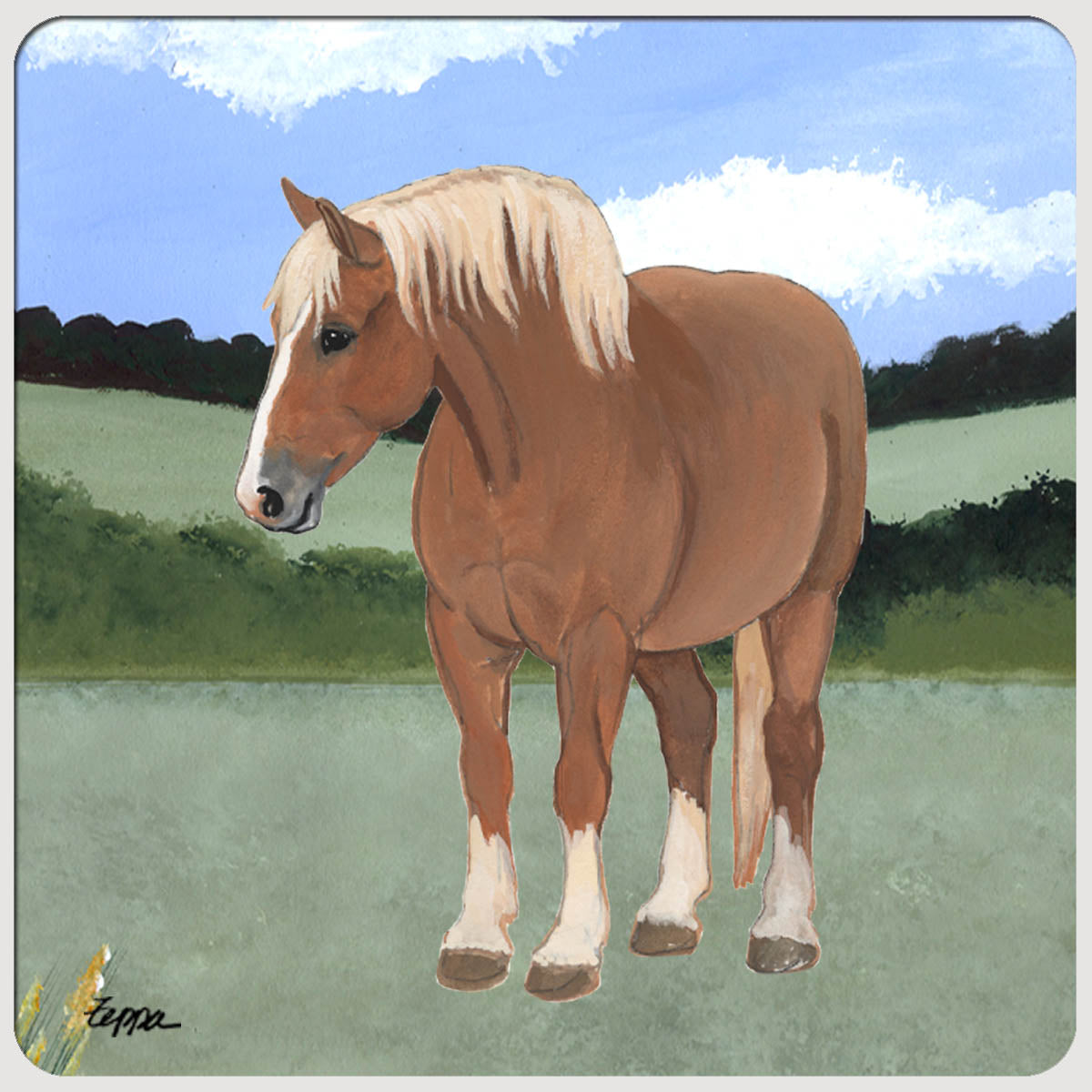 Belgian horse in a field design on a rubber beverage coaster.