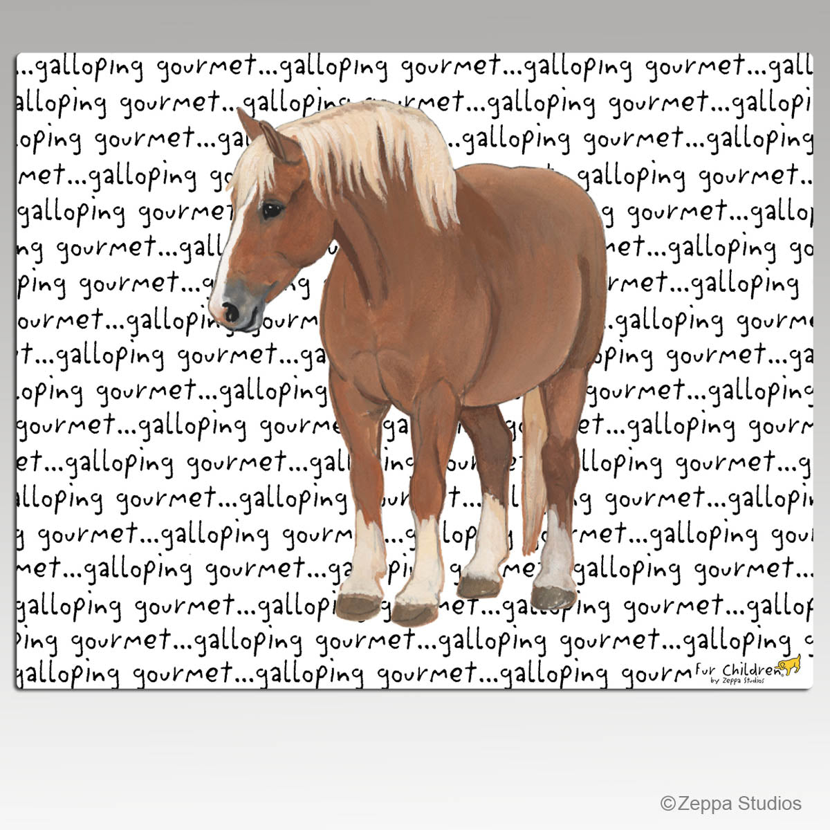 Belgian horse on a "galloping gourmet" text background tempered glass cutting board design.