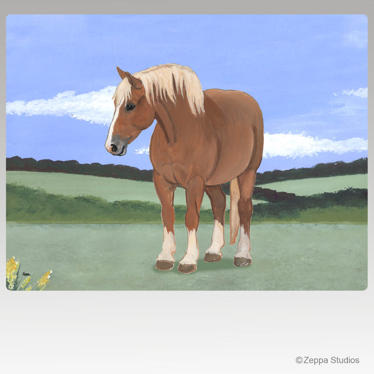 Belgian horse in a field design on a tempered glass cutting board.