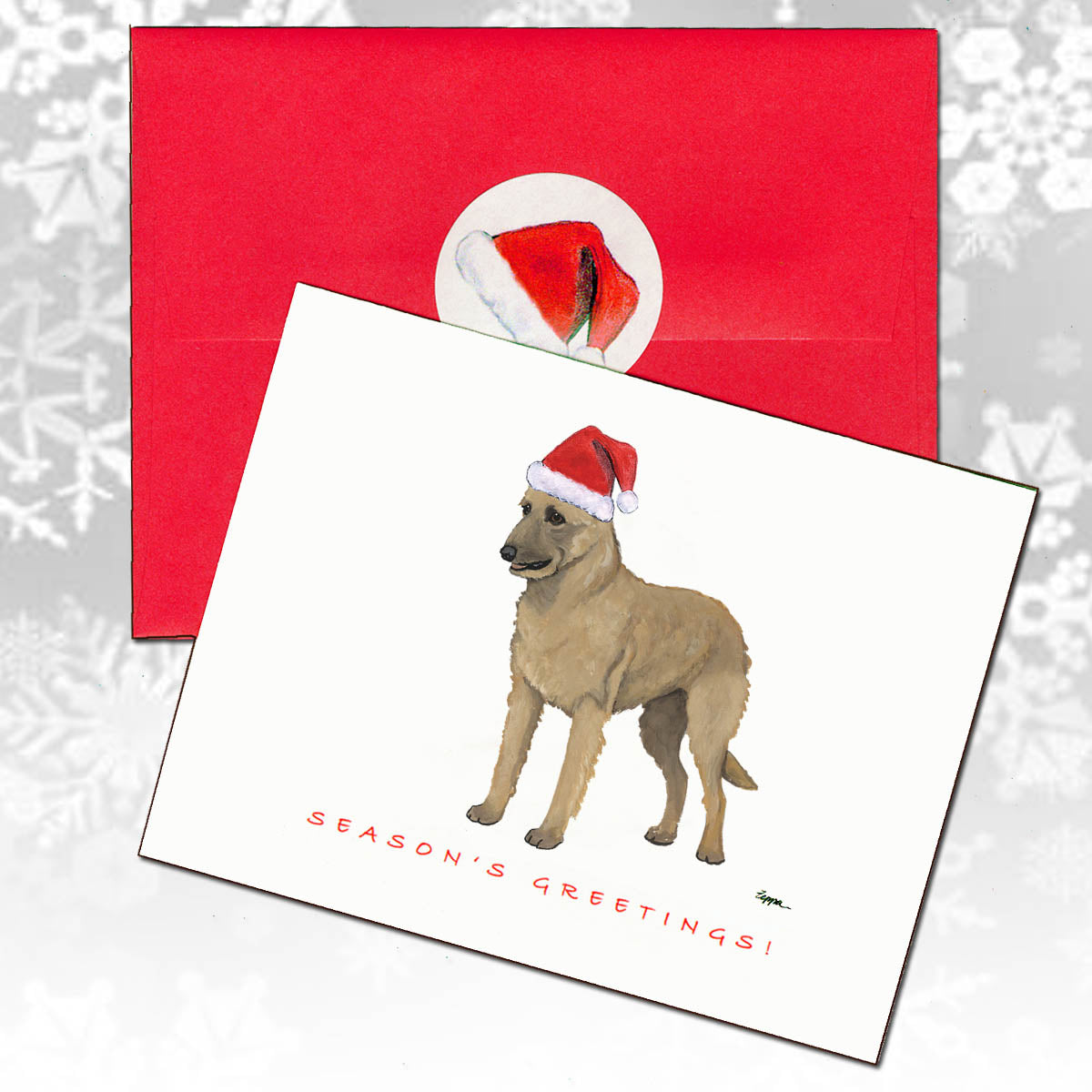Christmas cards with a Belgian Laekenois in a Santa hat 