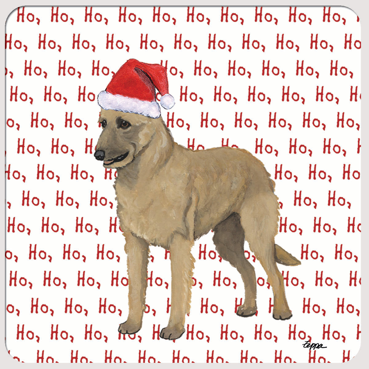 Holiday beverage coasters with a Belgian Laekenois in a Santa hat on a ho ho ho background
