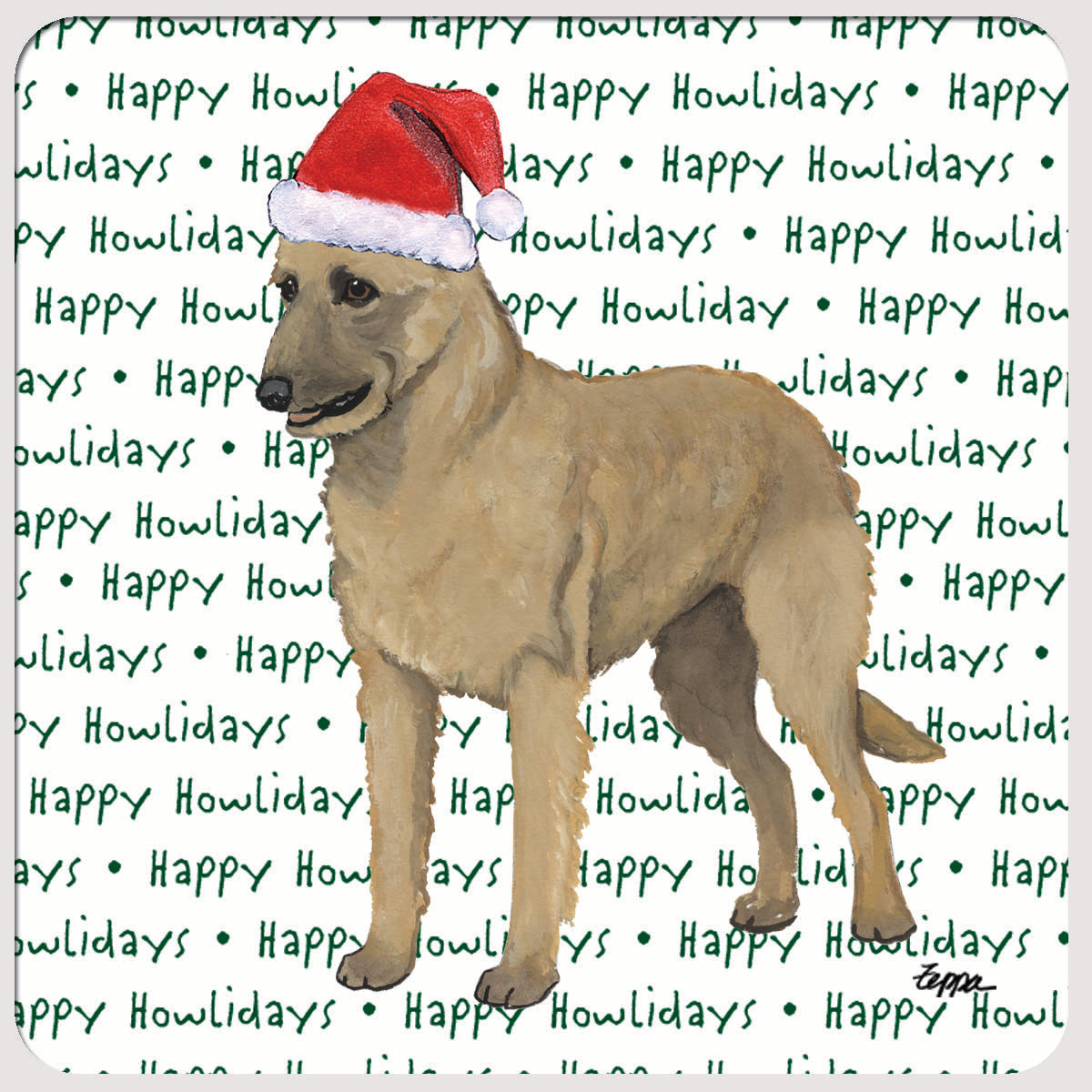 Holiday beverage coasters with a Belgian Laekenois in a Santa hat on a happy howlidays background
