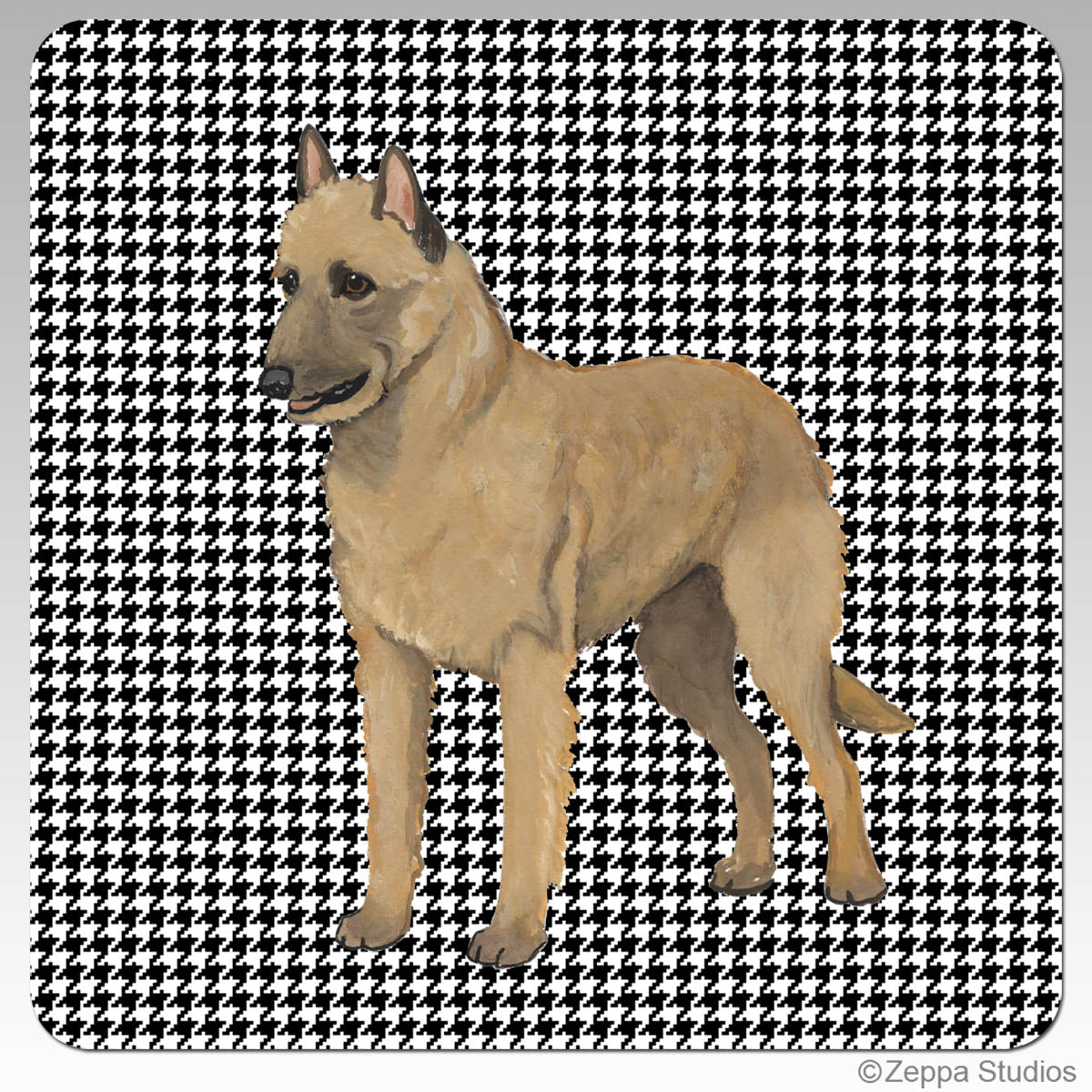 Houndstooth background beverage coasters with a Belgian Laekenois design.
