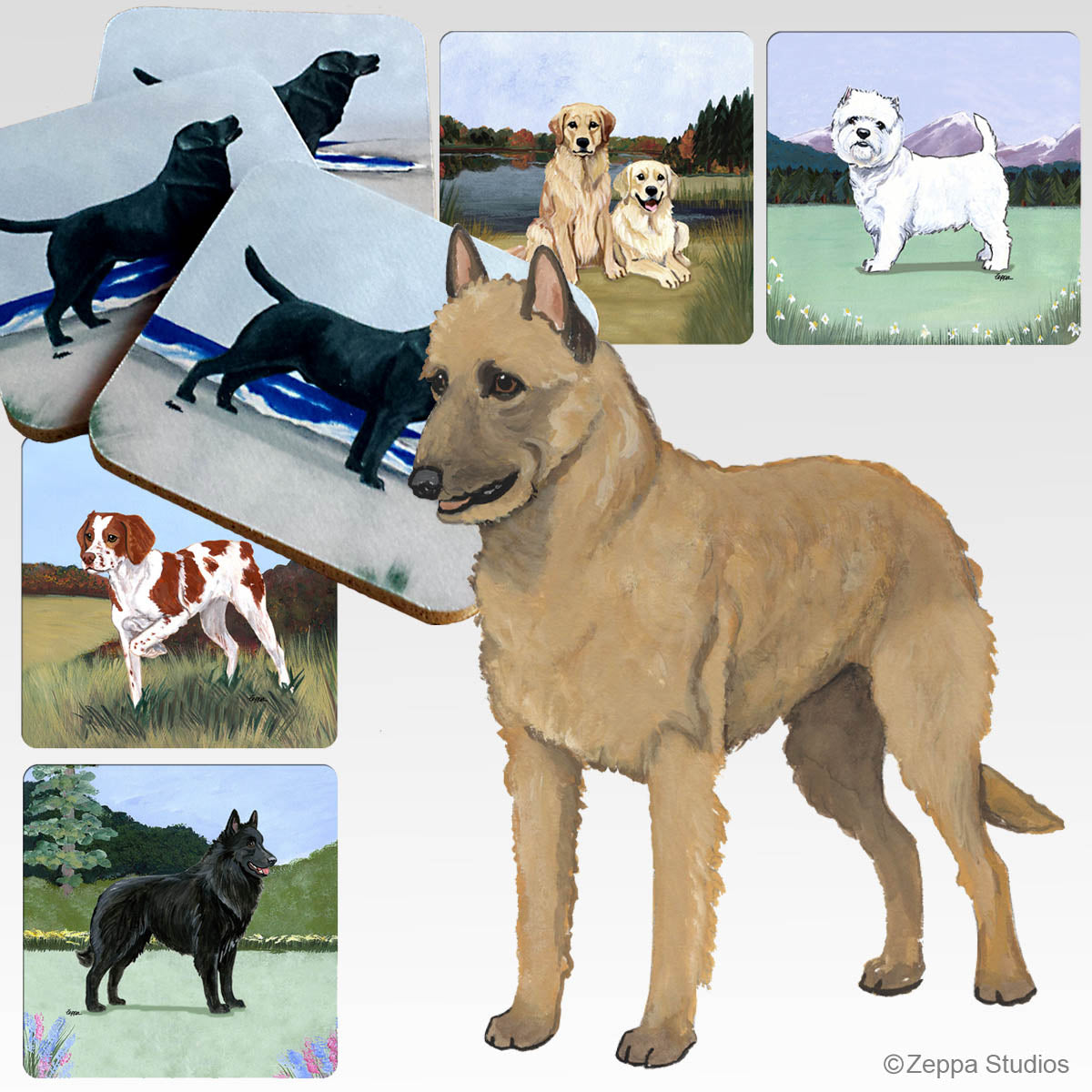 Rubber beverage coasters with a Belgian Laekenois on your choice of 5 scenic backgrounds
