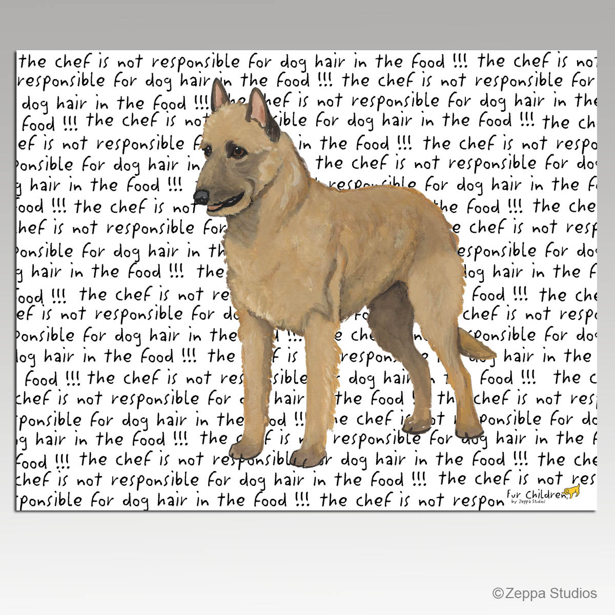 Tempered glass cutting board with a Belgian Laekenois on a "chef is not responsible for dog hair in the food" text  background

