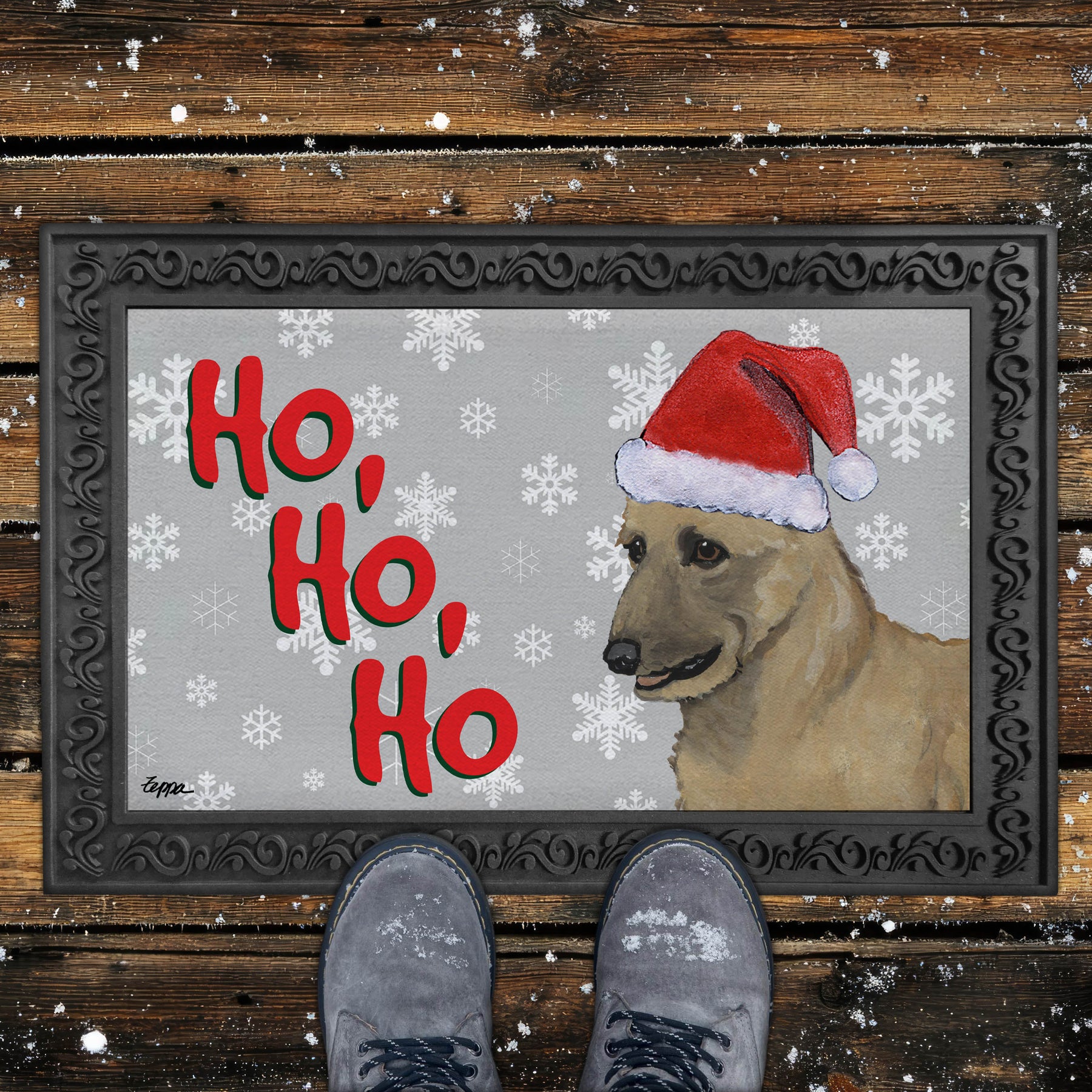 Holiday doormat with a Belgian Lakenois in a Santa hat on a grey snowflake background