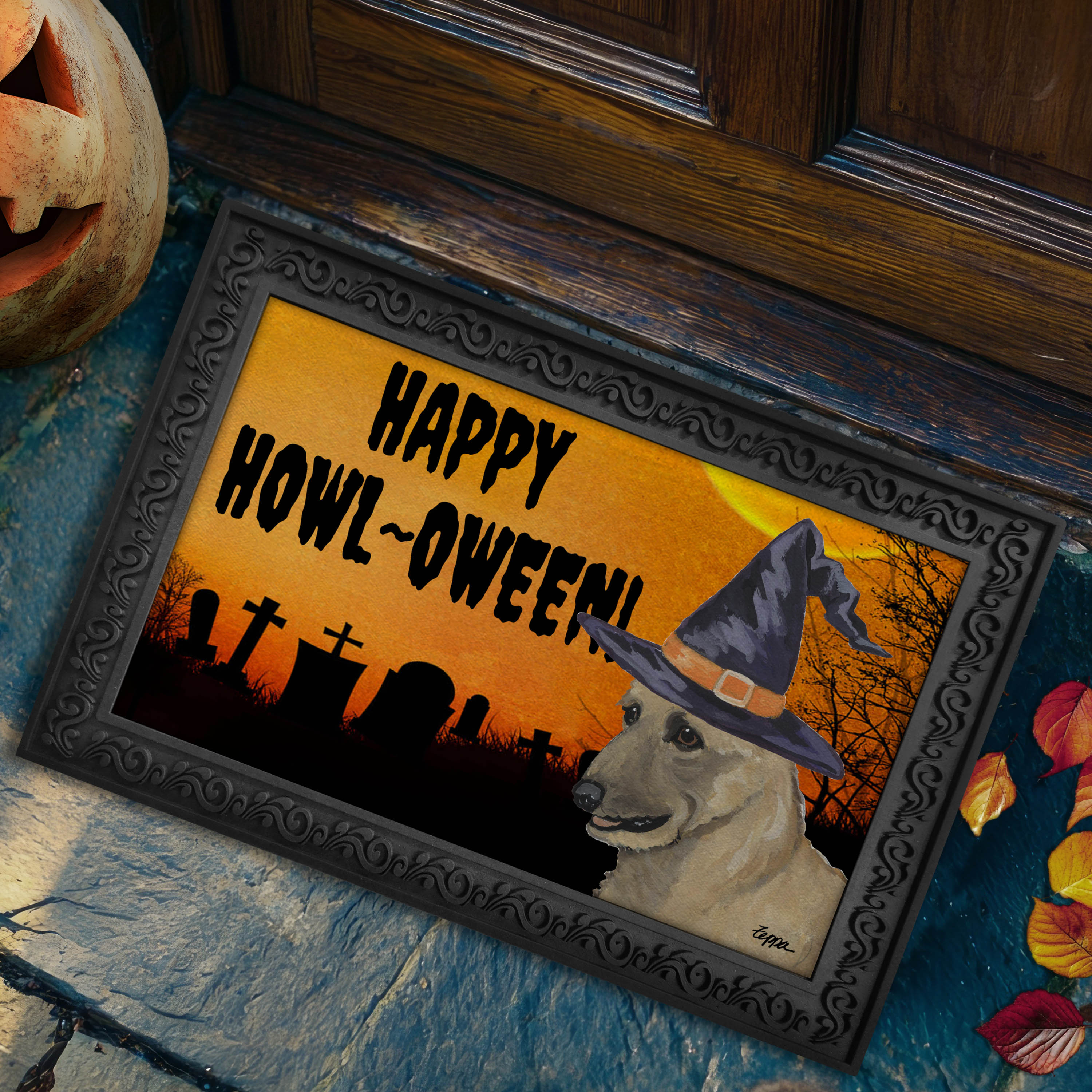 Halloween doormat with a Belgian Laekenois in a witch's hat on a spooky background