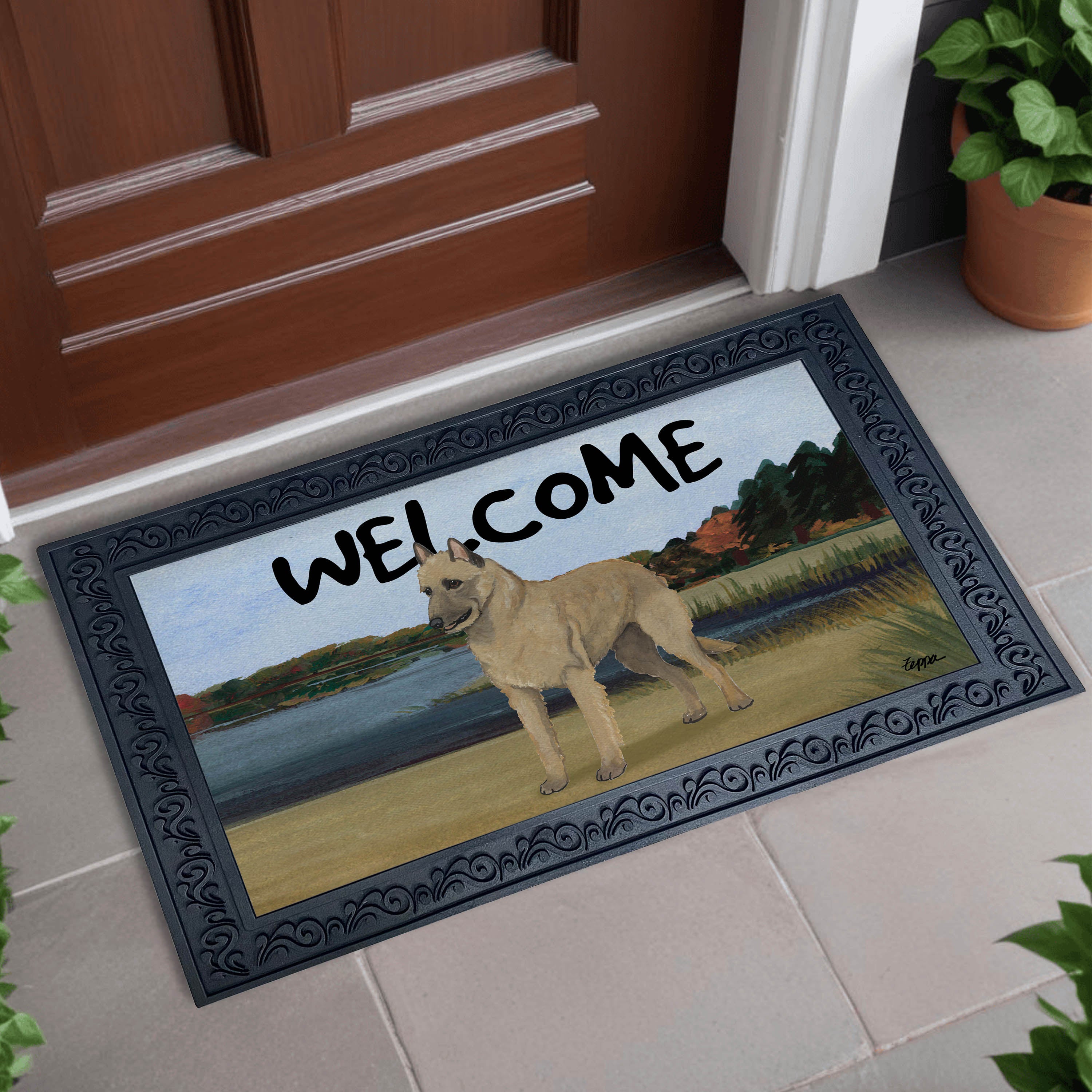 Welcome doormat with a Laekenois on a lake background
