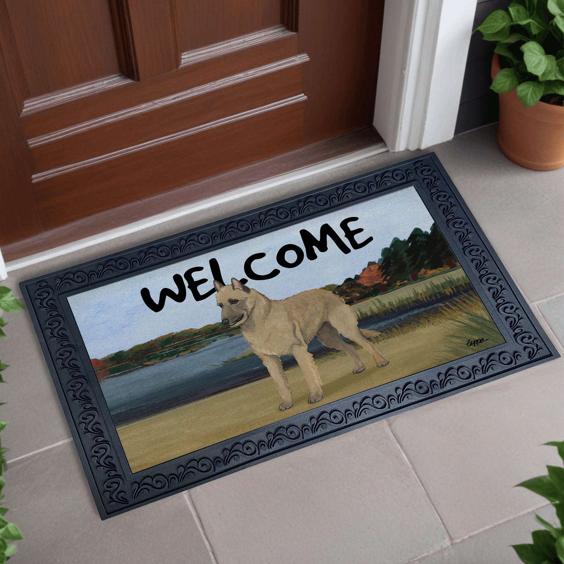 Welcome doormat with a Laekenois on a lake background
